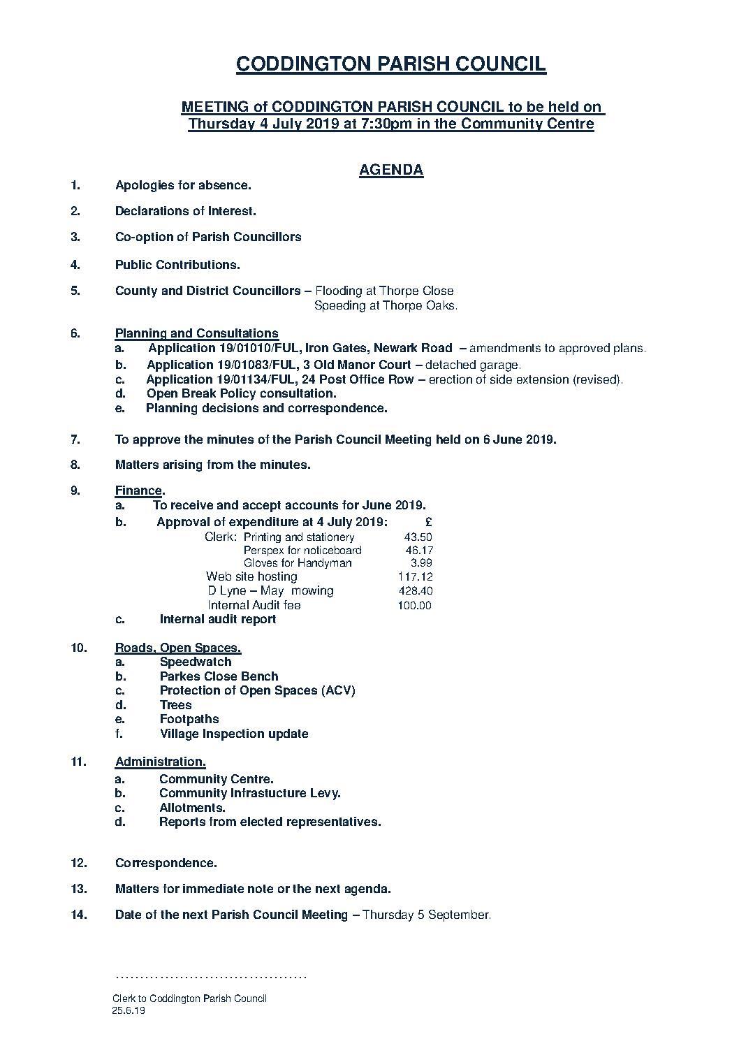 Parish Council Meeting 4 July 2019 Agenda