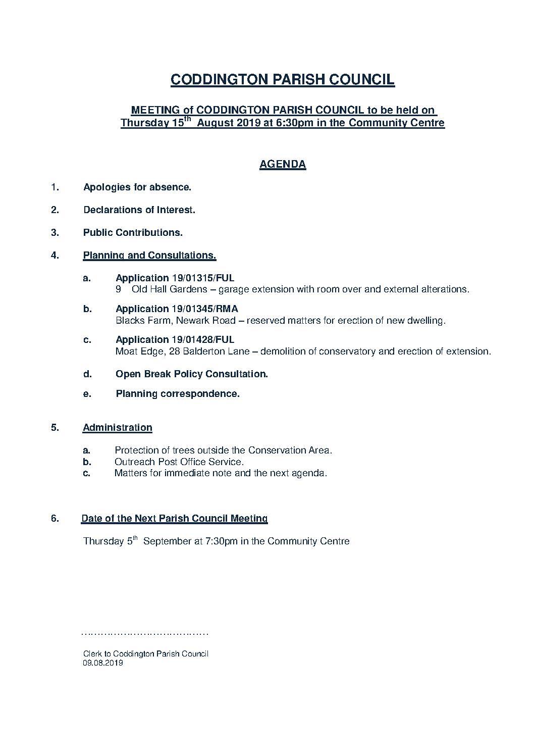 Extra-ordinary Parish Council Meeting 15 August 2019 Agenda