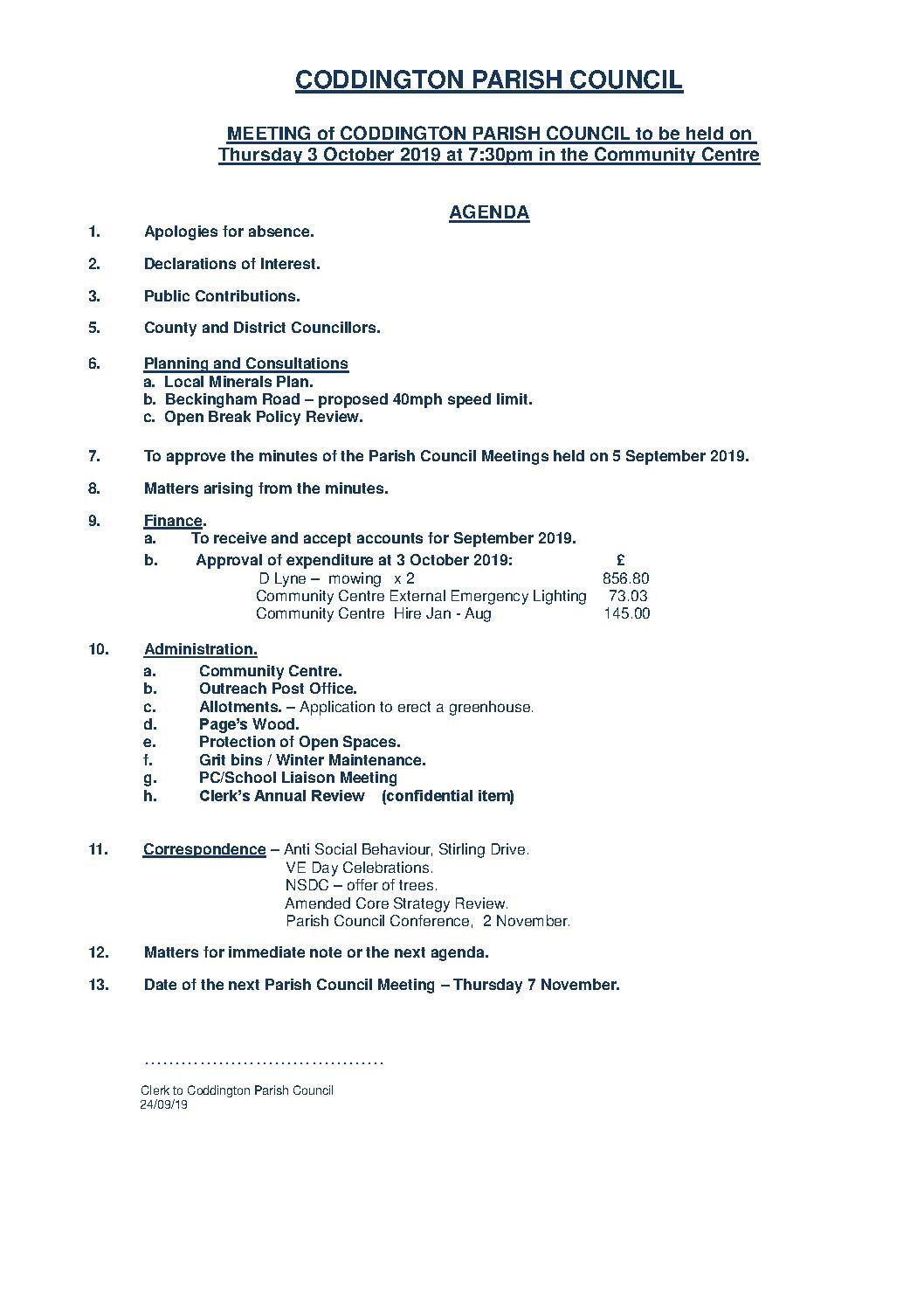 Parish Council Meeting 3 October 2019 Agenda