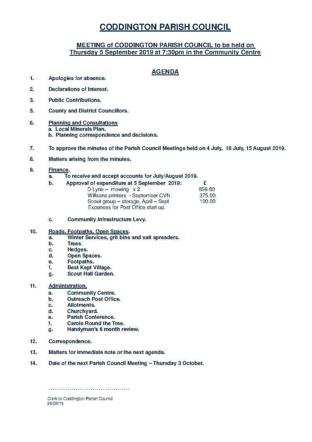 Parish Council Meeting 5 September 2019 Agenda