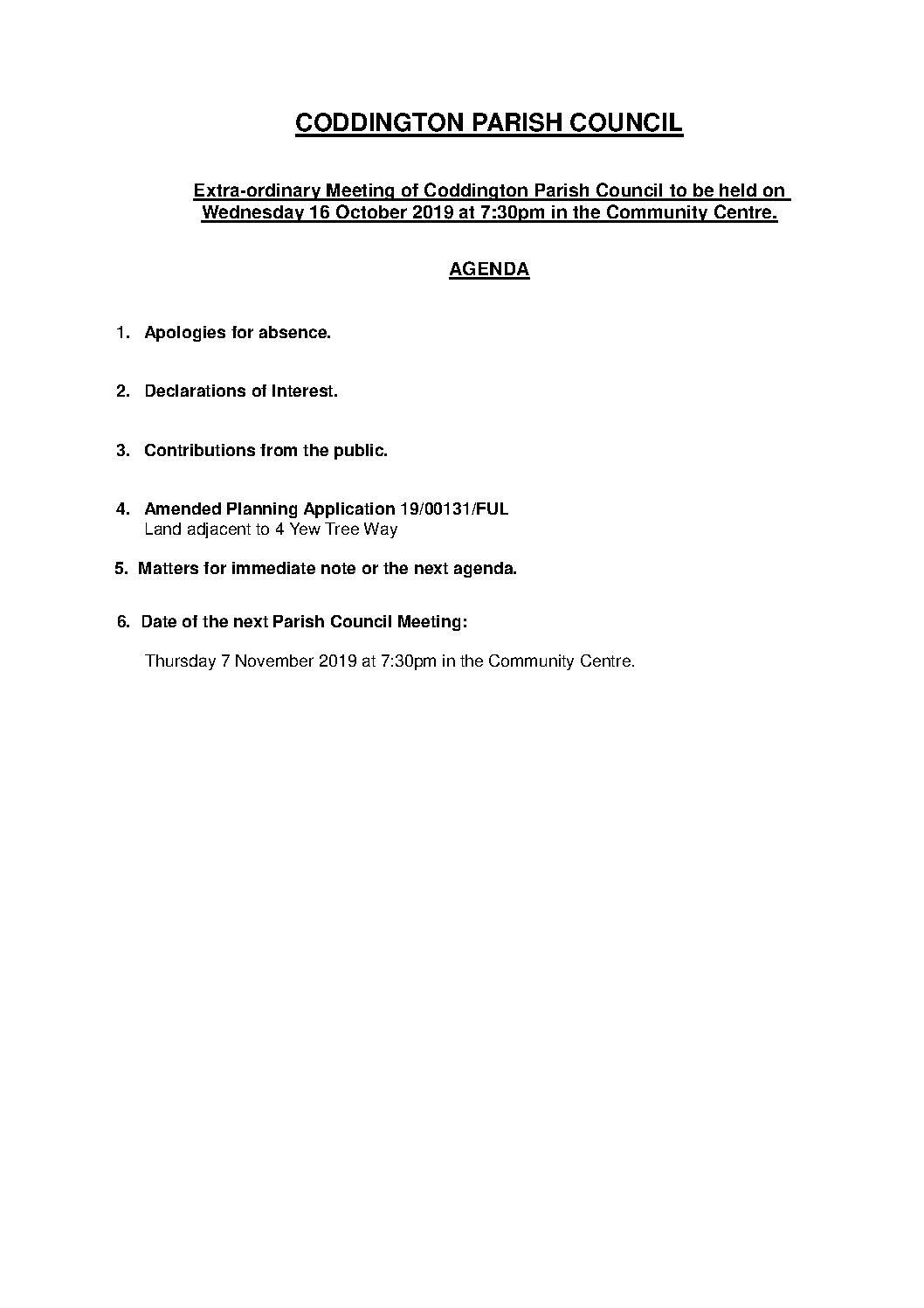 Extra-ordinary Parish Council Meeting 16 October 2019 Agenda