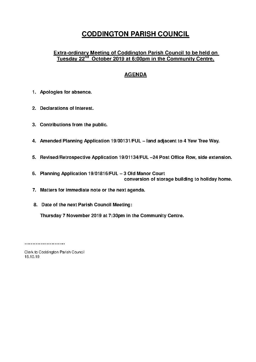 Extra-ordinary Parish Council Meeting 22 October 2019 Agenda