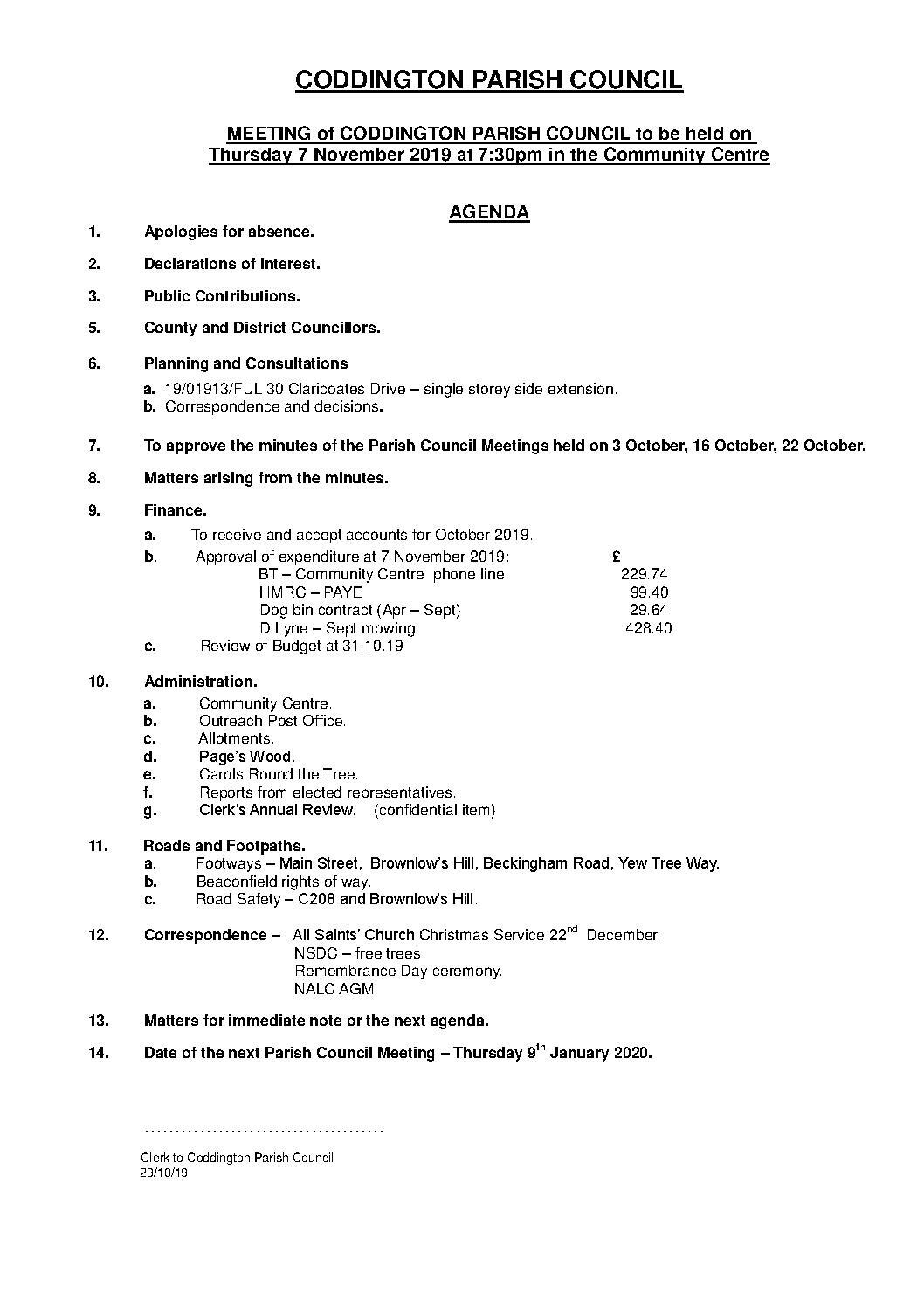 Parish Council Meeting 7 November 2019 Agenda