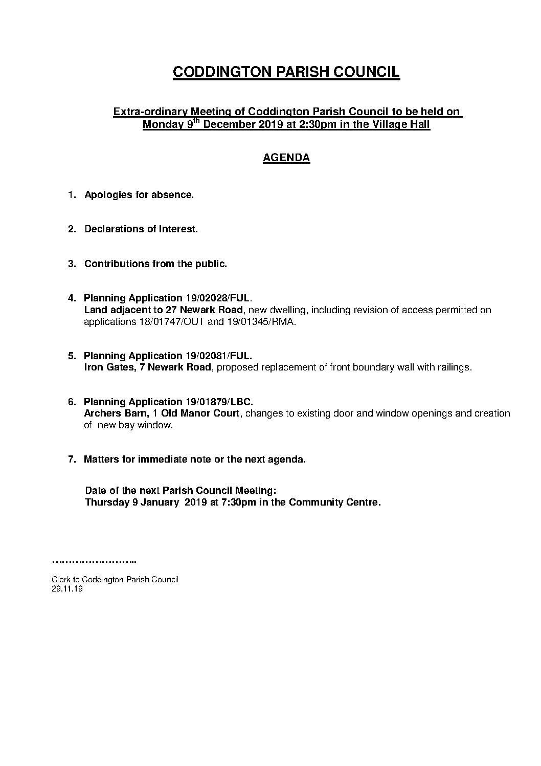 Extra-ordinary Parish Council Meeting 9 December 2019 Agenda