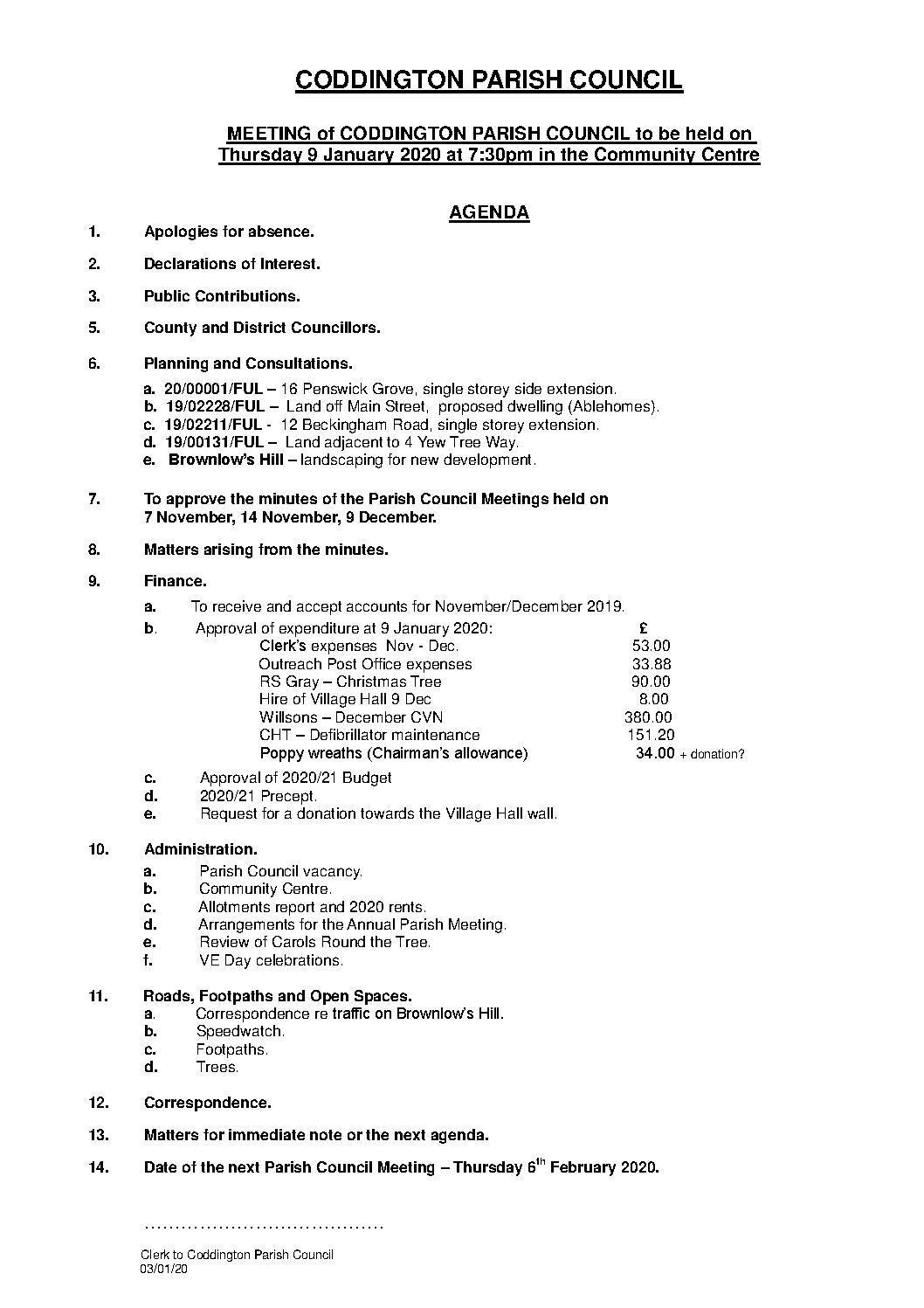 Parish Council Meeting 9 January 2020 Agenda