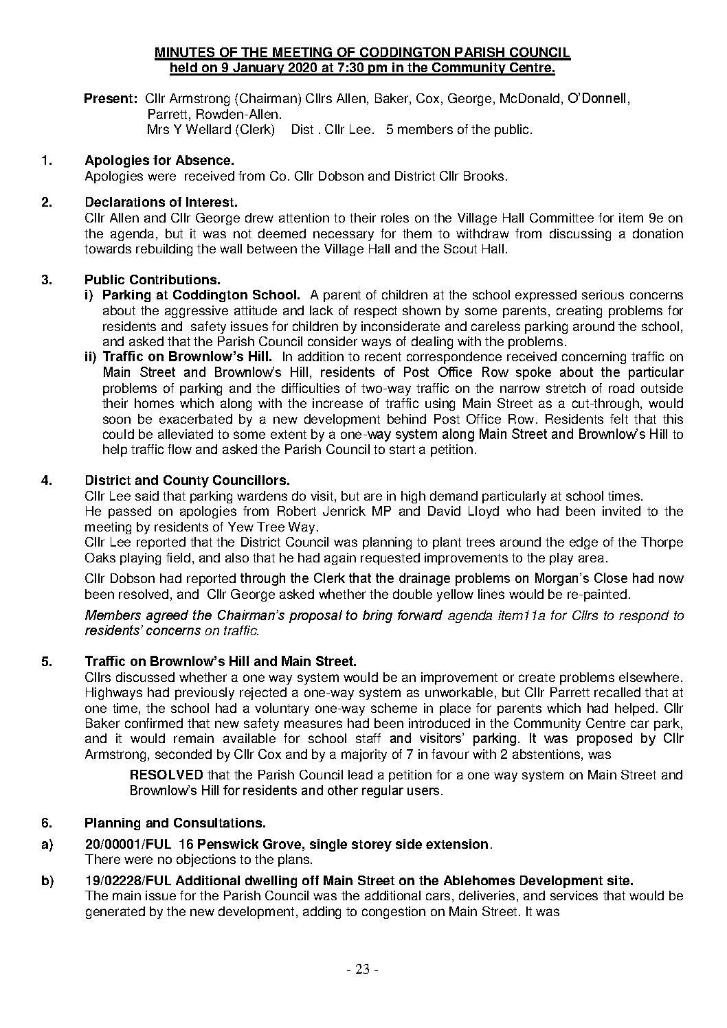 Parish Council Meeting 9 January 2020 Minutes