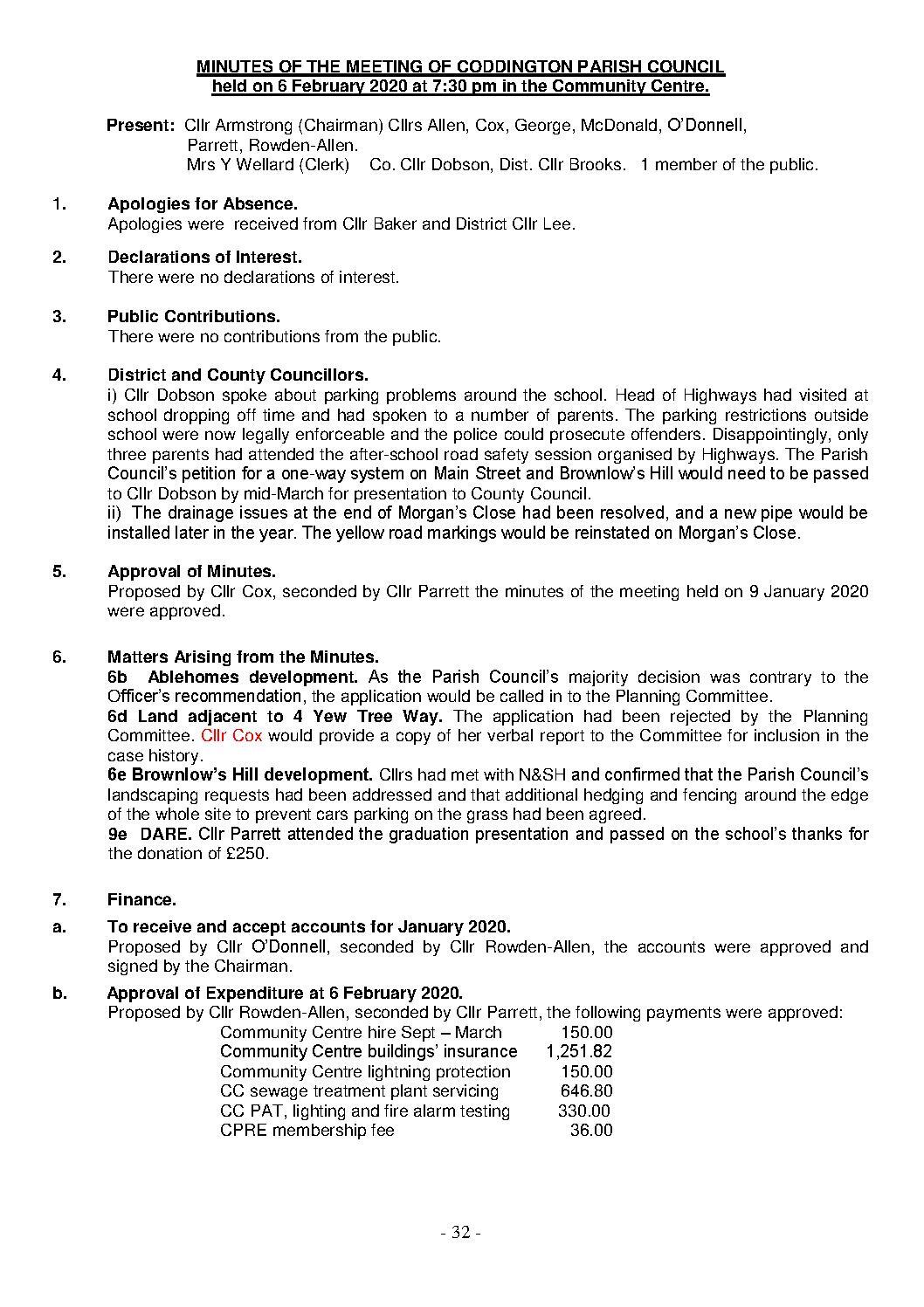 Parish Council Meeting 6 February 2020 Minutes