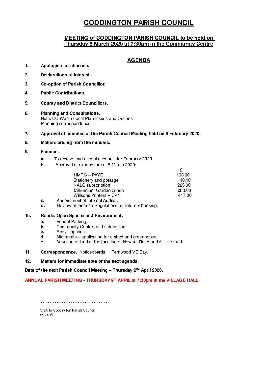 Parish Council Meeting 5 March 2020 Agenda