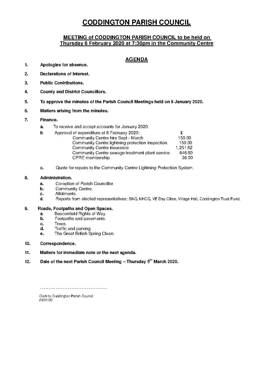 Parish Council Meeting 6 February 2020 Agenda