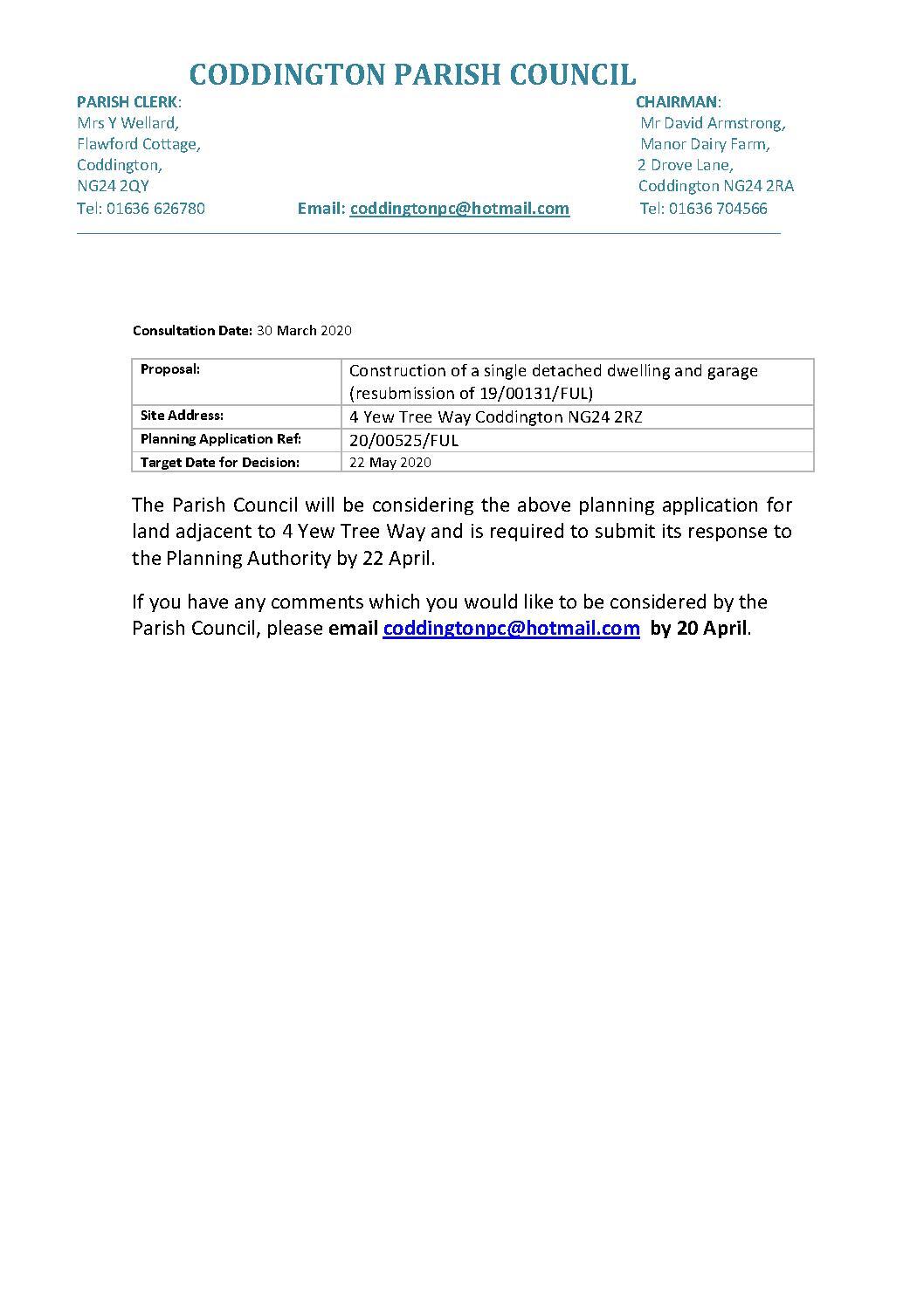 Public Consultation Notice - Yew Tree Way March 2020