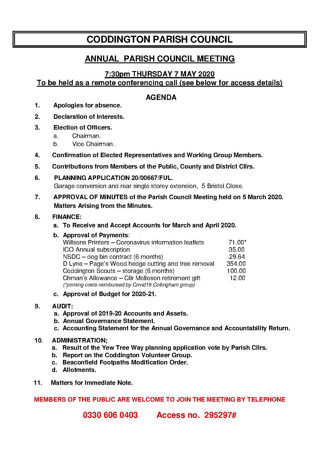 Annual Parish Council Meeting 7 May Agenda