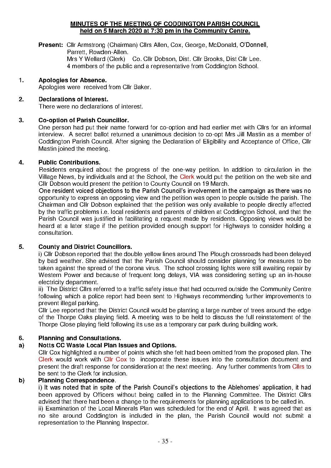 Parish Council Meeting 5 March 2020 Minutes