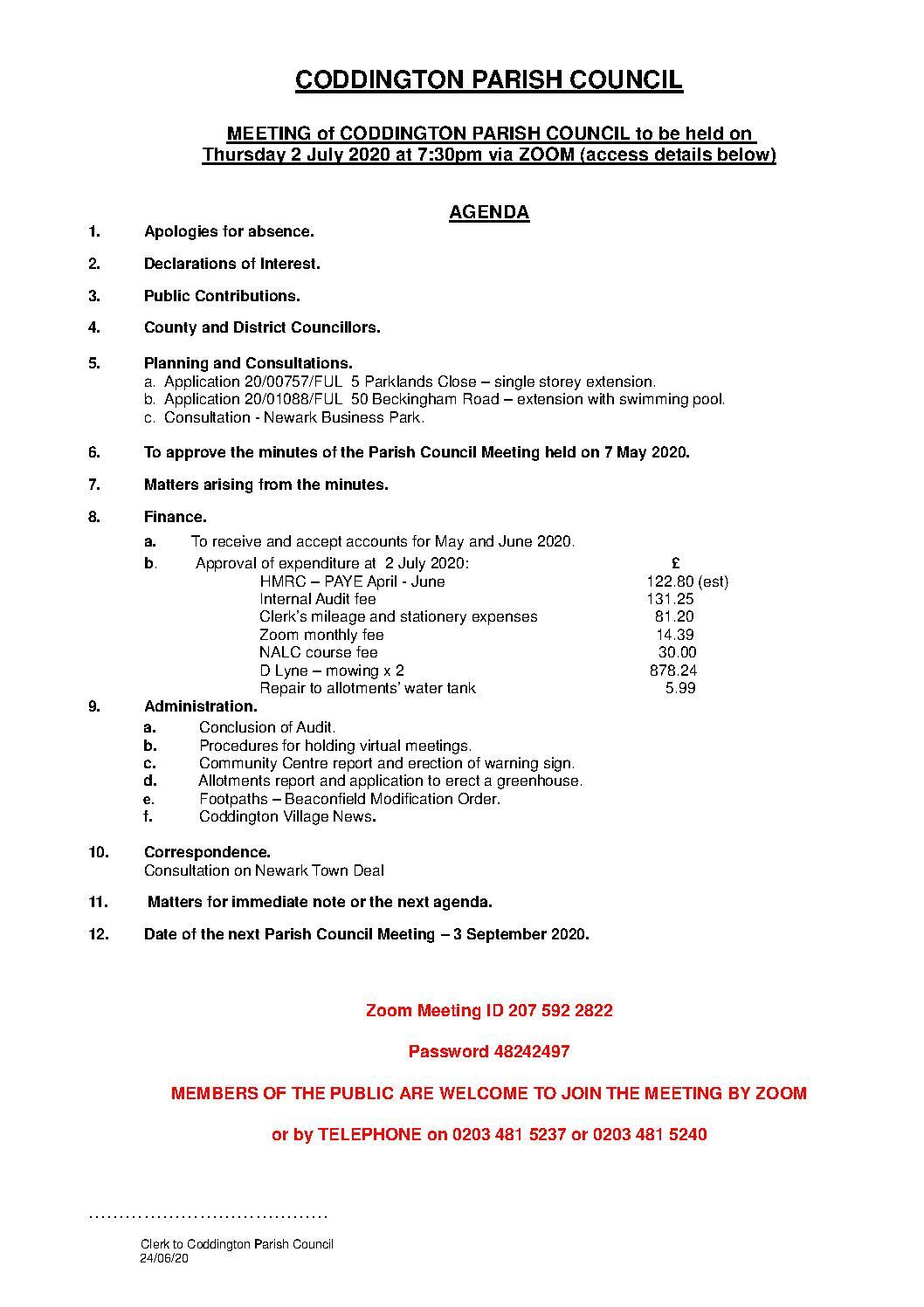 Parish Council Meeting 2 July 2020 Agenda