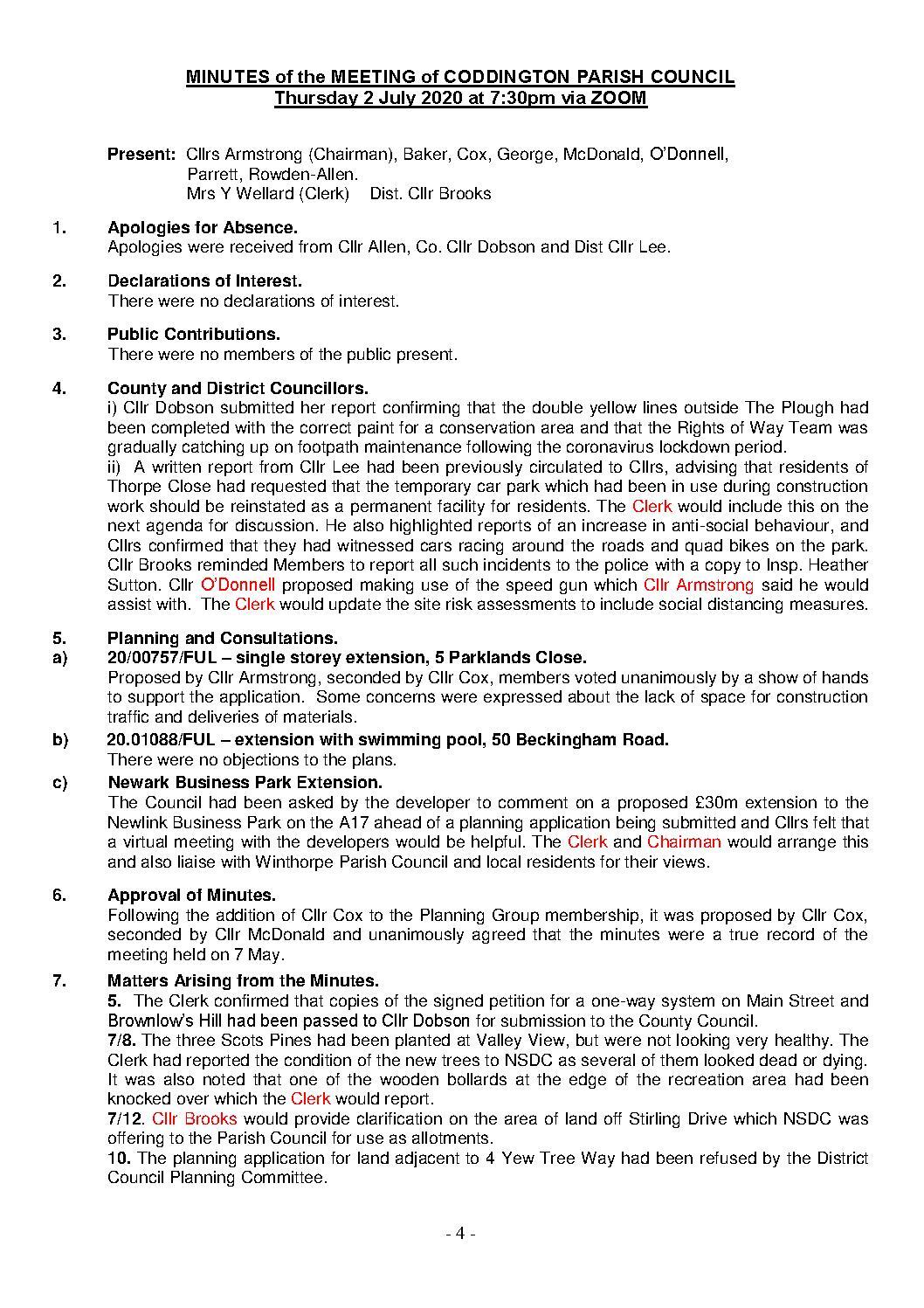 Parish Council Meeting 2 July 2020 Minutes