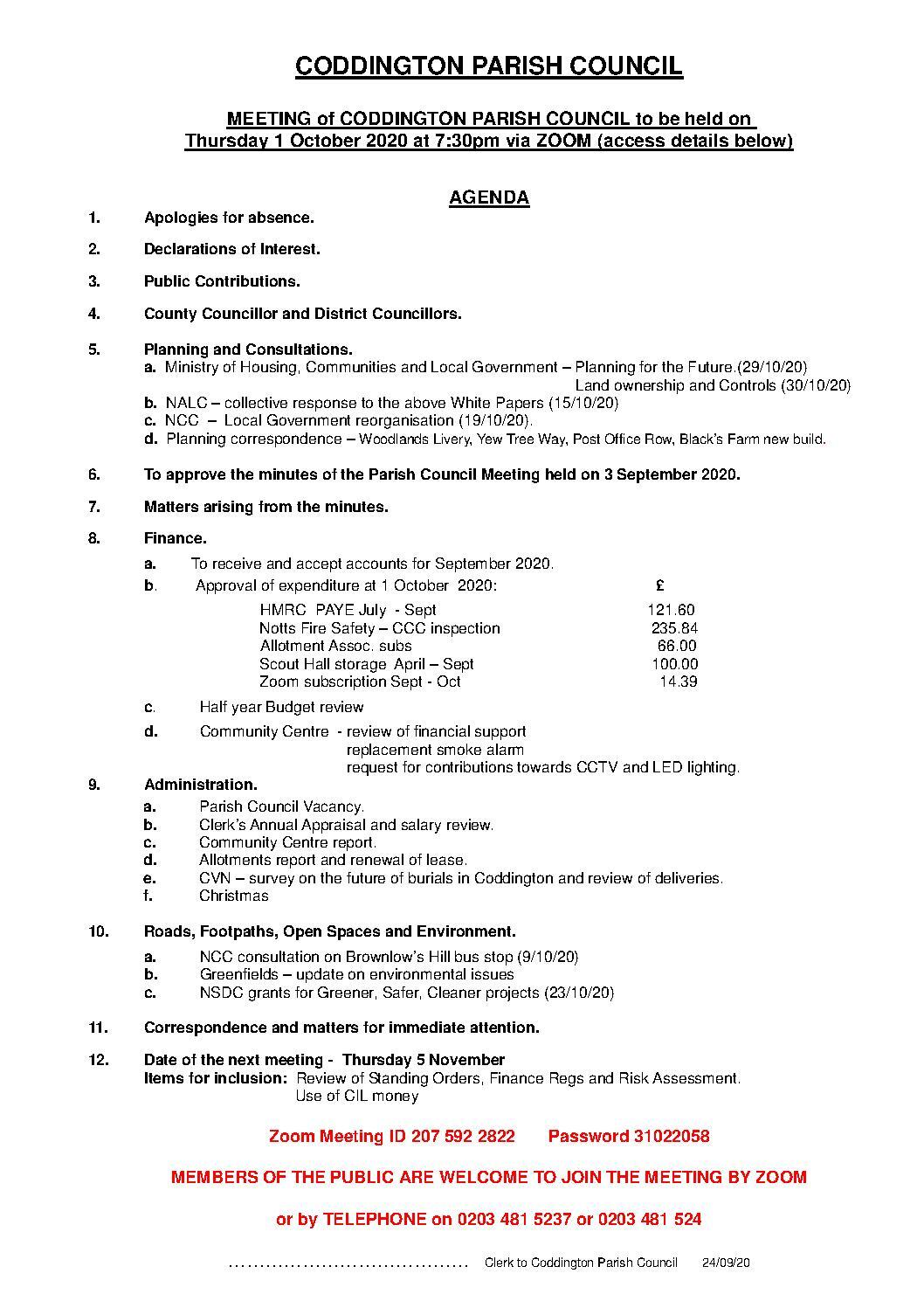 Parish Council Meeting 1 October 2020 Agenda