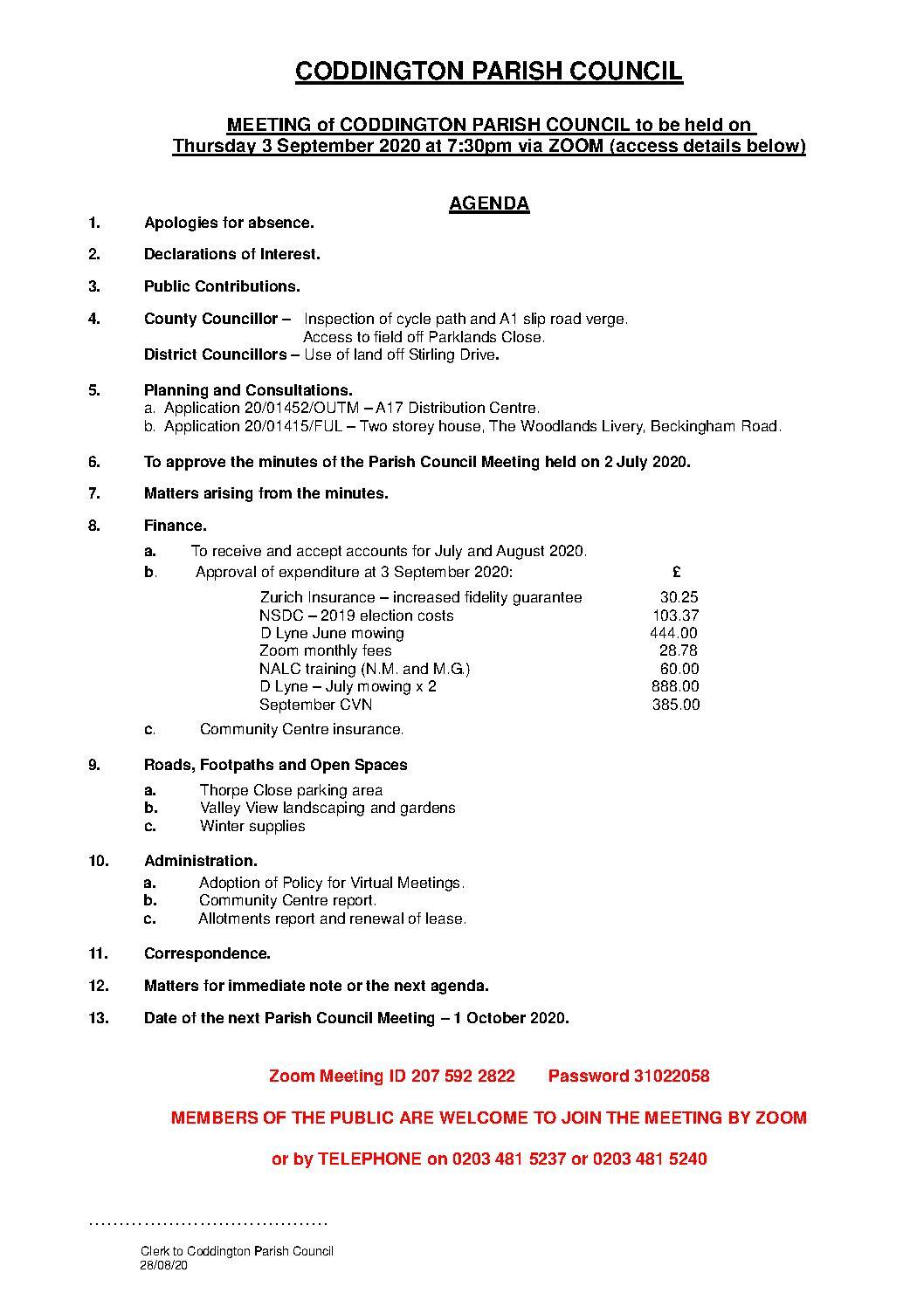 Parish Council Meeting 3 September 2020 Agenda