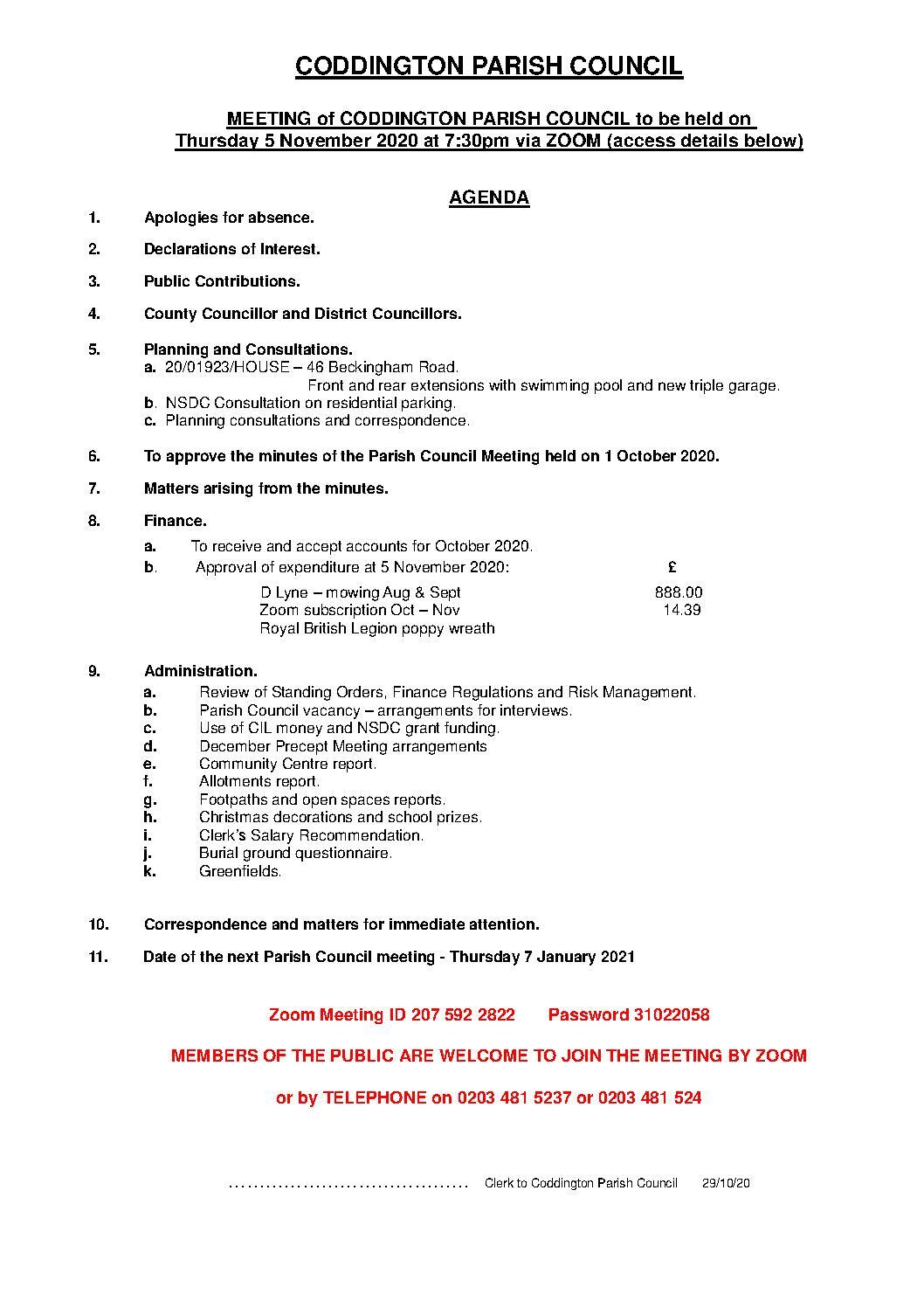 Parish Council Meeting 5 November 2020 Agenda