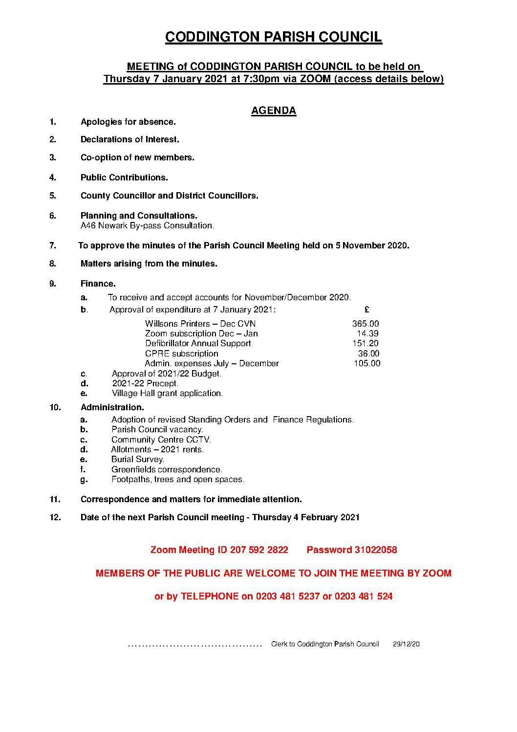 Parish Council Meeting 7 January 2021 Agenda