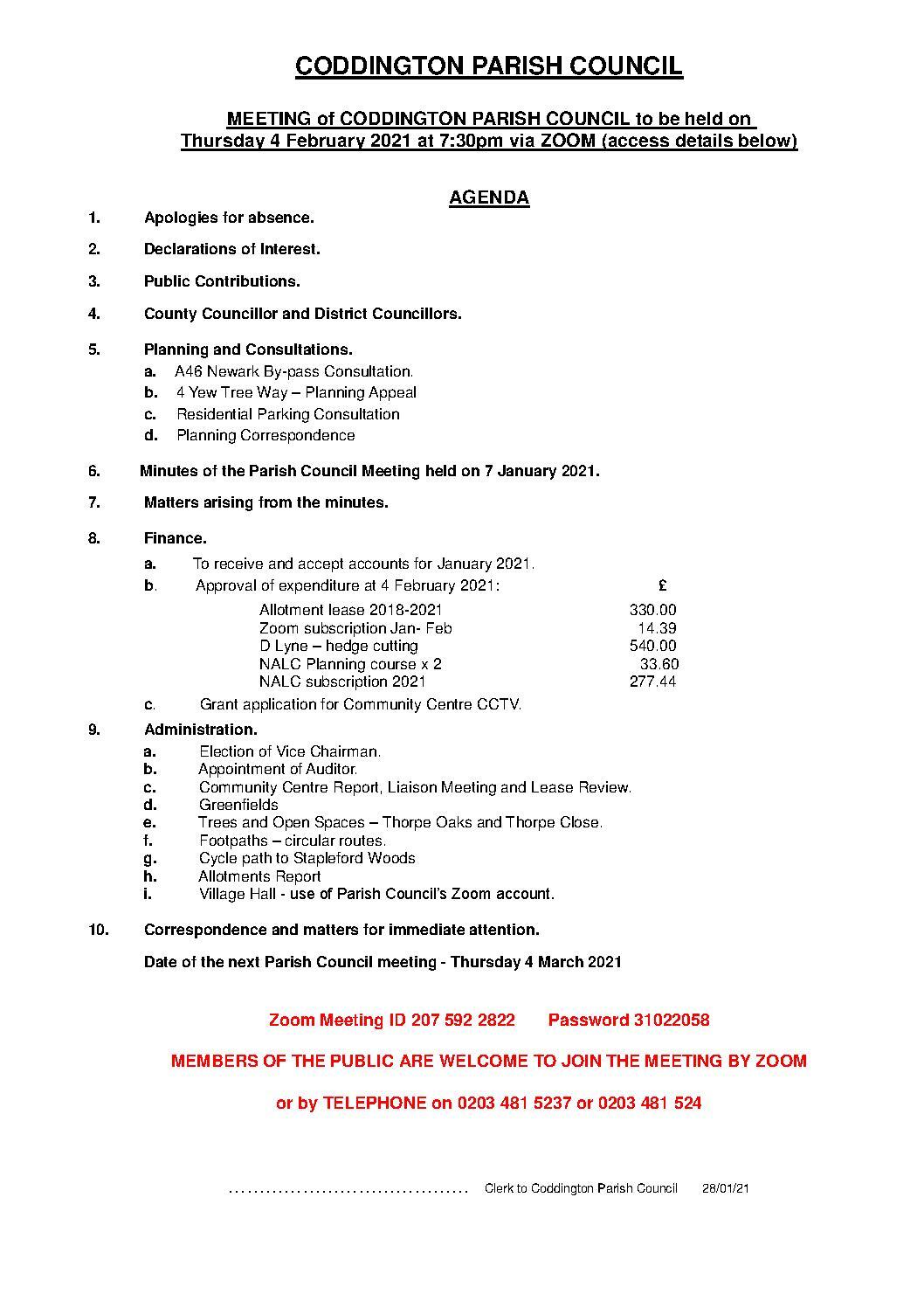 Parish Council Meeting 4 February 2021 Agenda