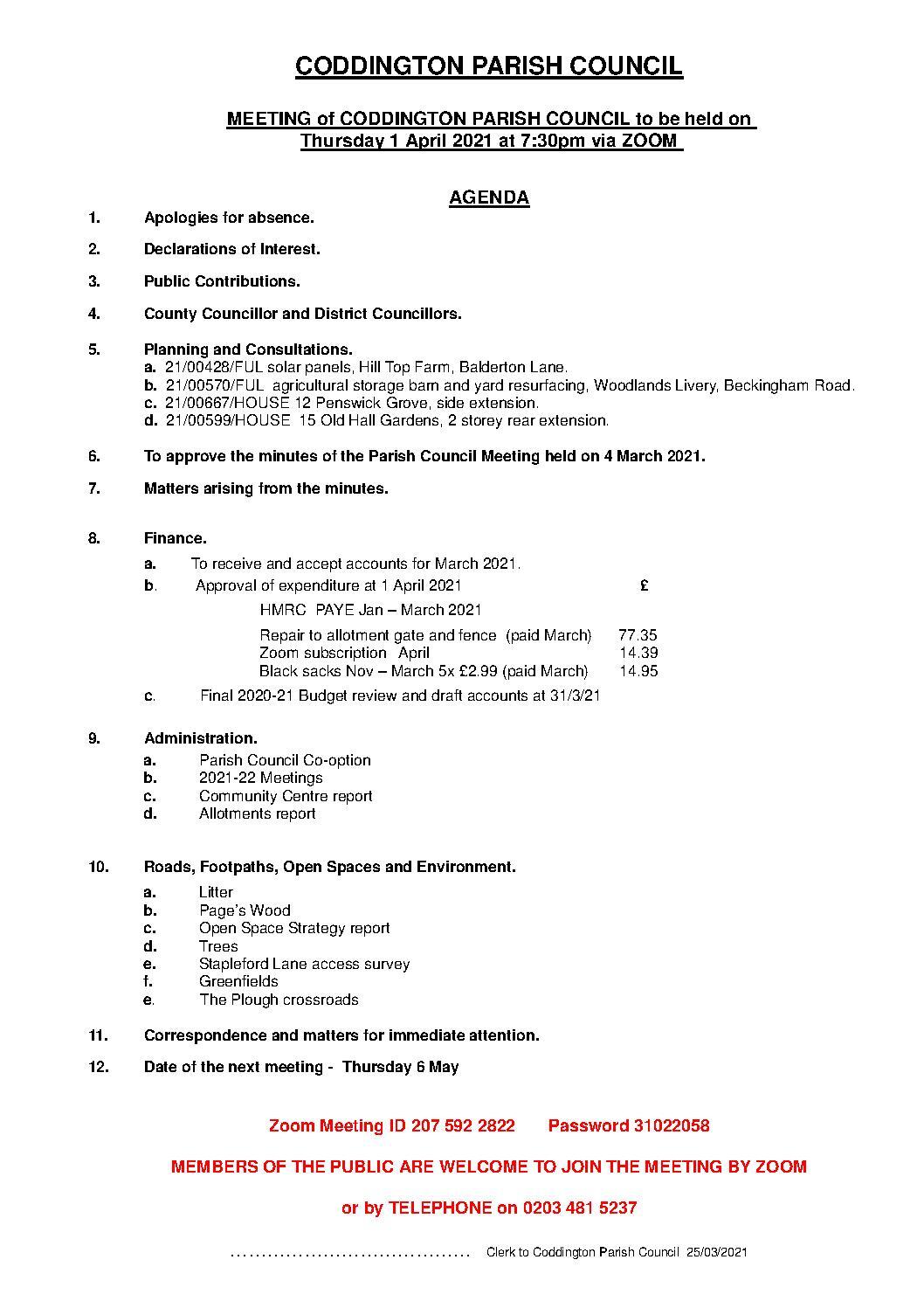 Parish Council Meeting 1 April 2021 Agenda