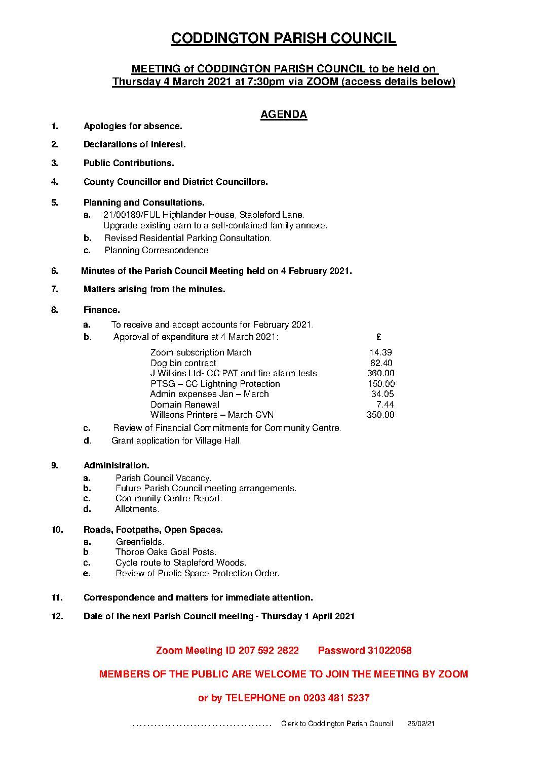 Parish Council Meeting 4 March 2021 Agenda