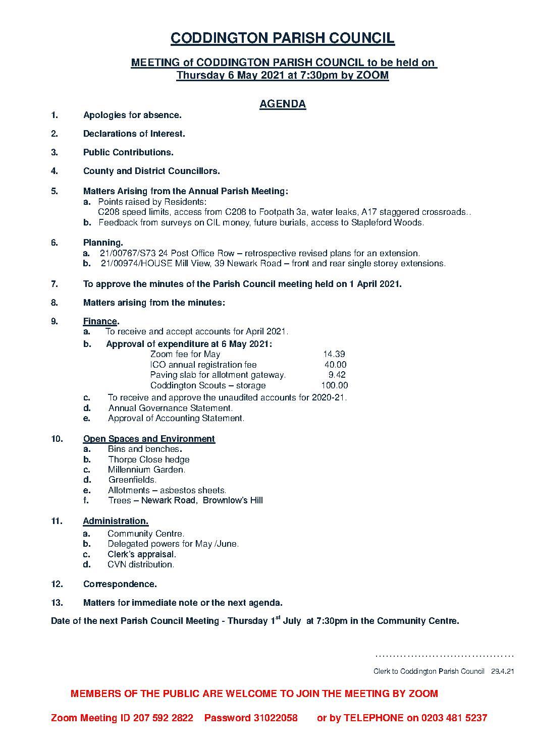 Parish Council Meeting 6 May 2021 Agenda