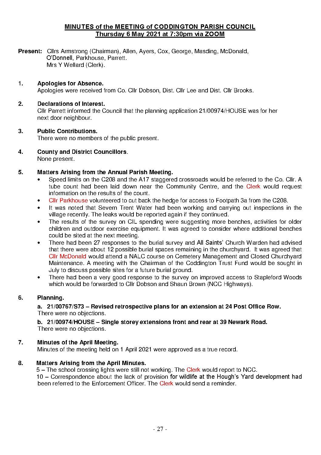 Parish Council Meeting 6 May 2021 Minutes