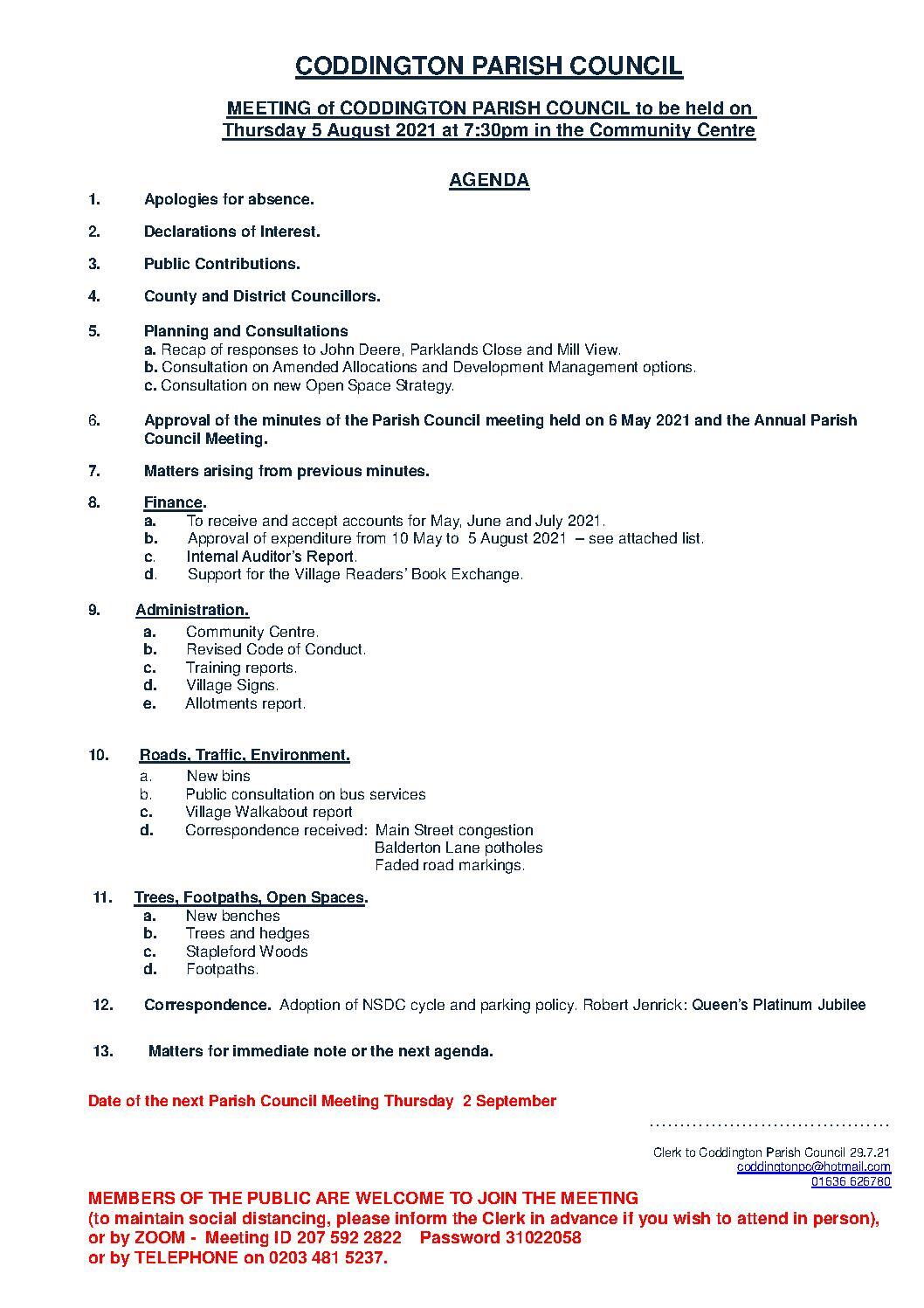 Parish Council Meeting 5 August 2021 Agenda