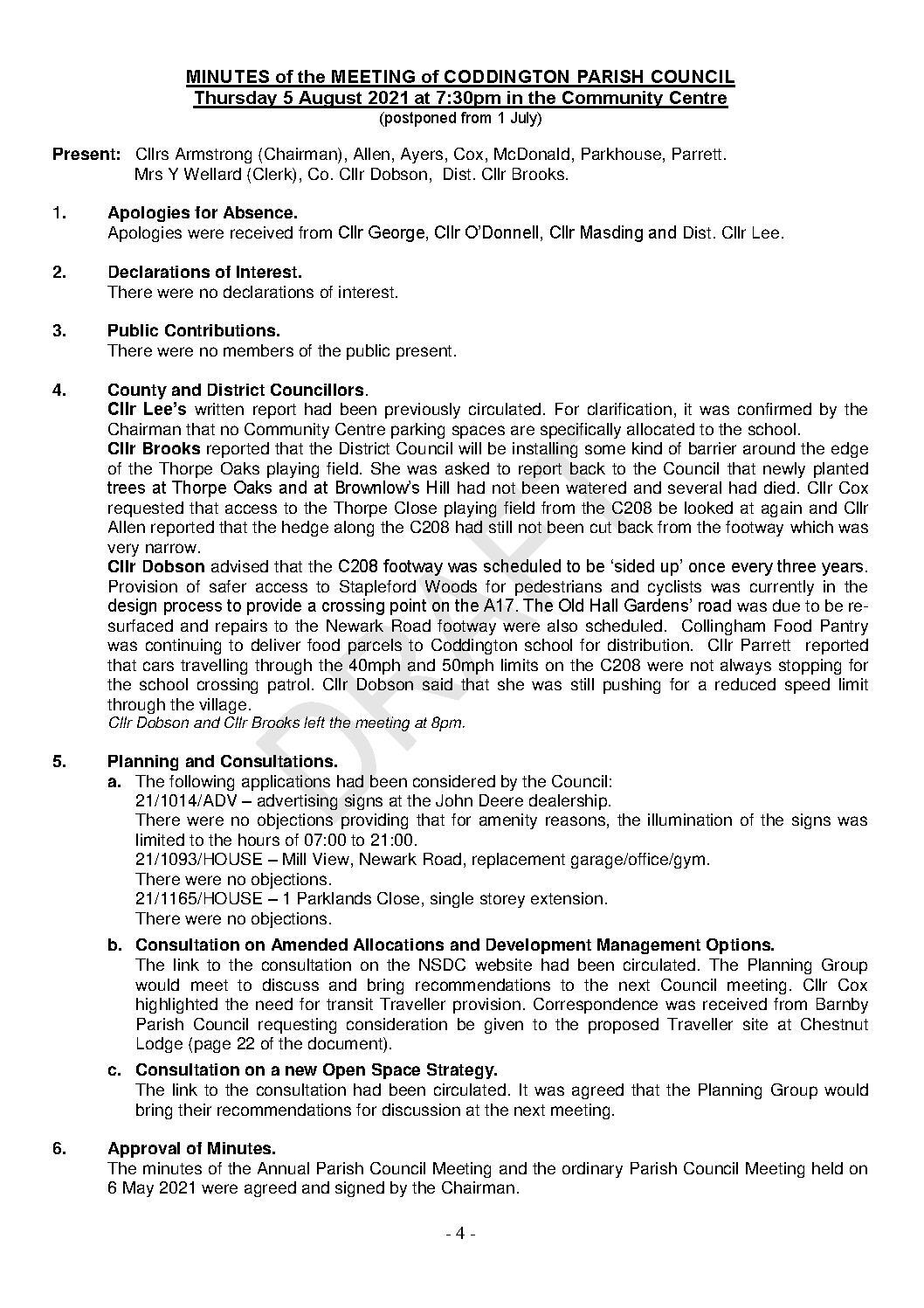Parish Council Meeting 5 August 2021 Minutes