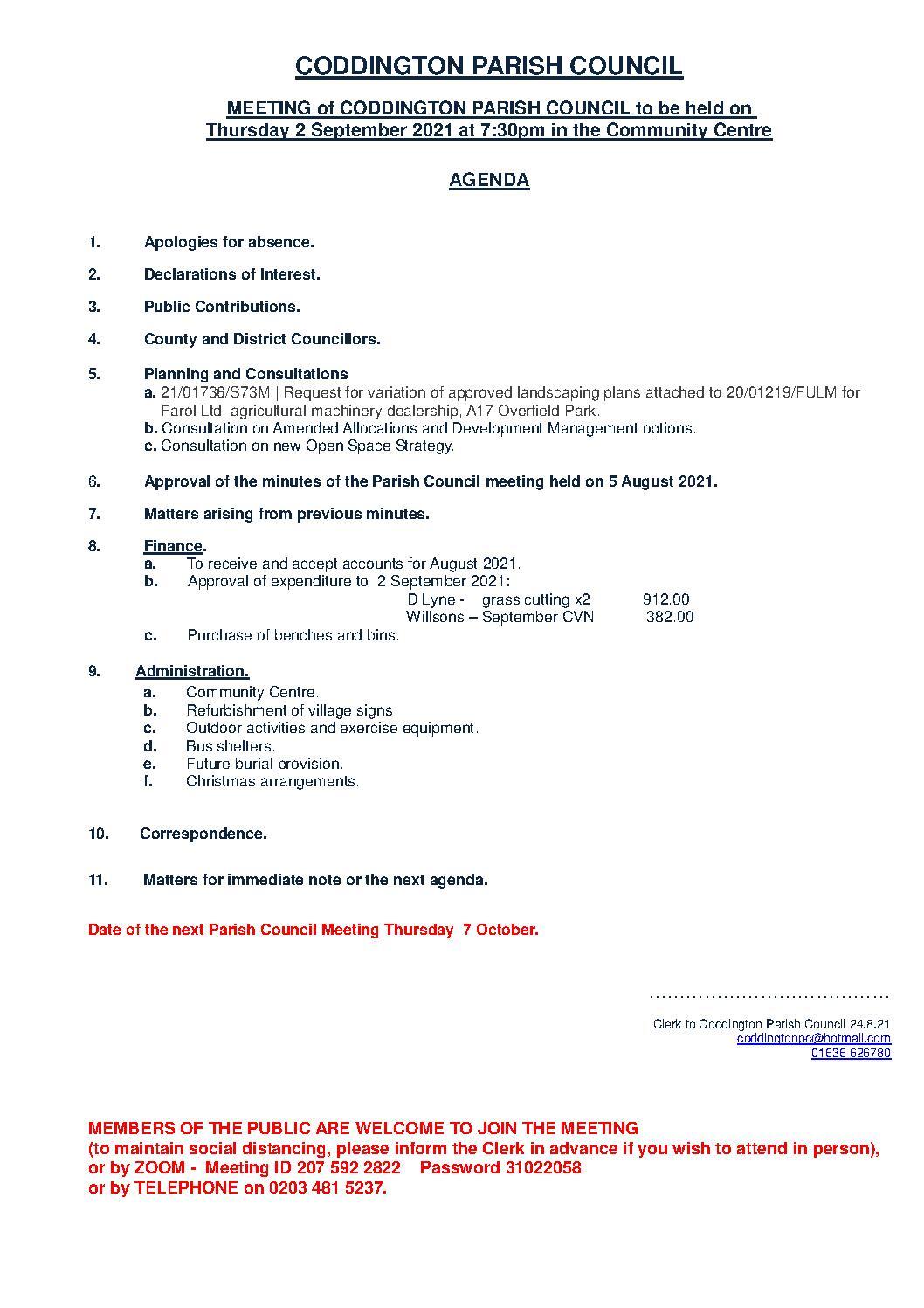 Parish Council Meeting 2 September 2021 Agenda