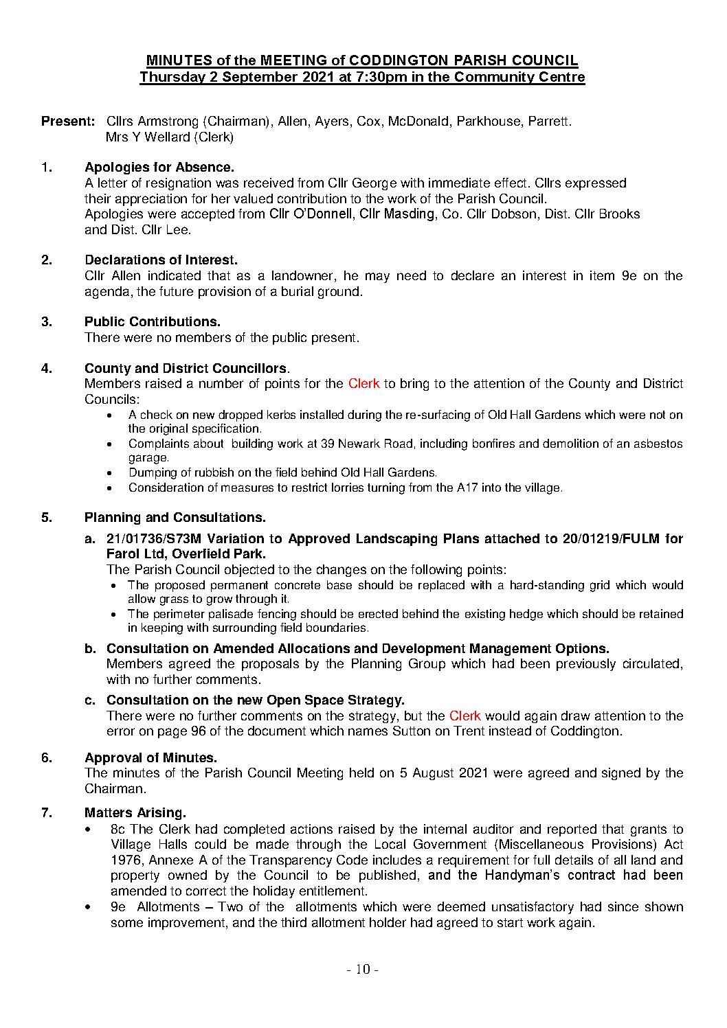 Parish Council Meeting 2 September 2021 Minutes
