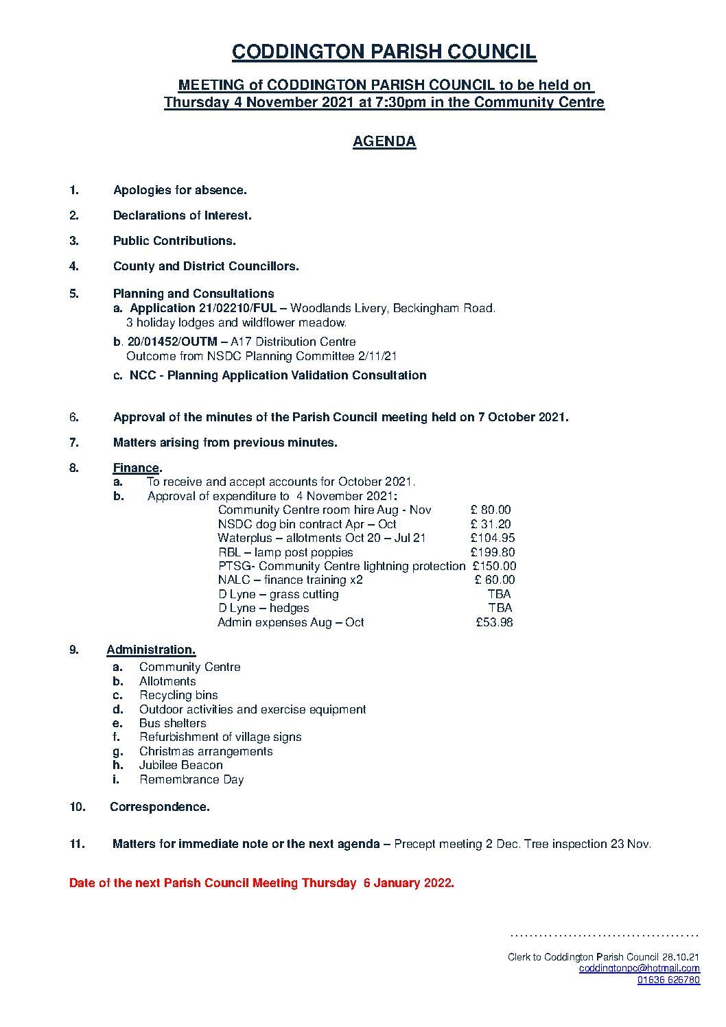 Parish Council Meeting 4 November 2021 Agenda