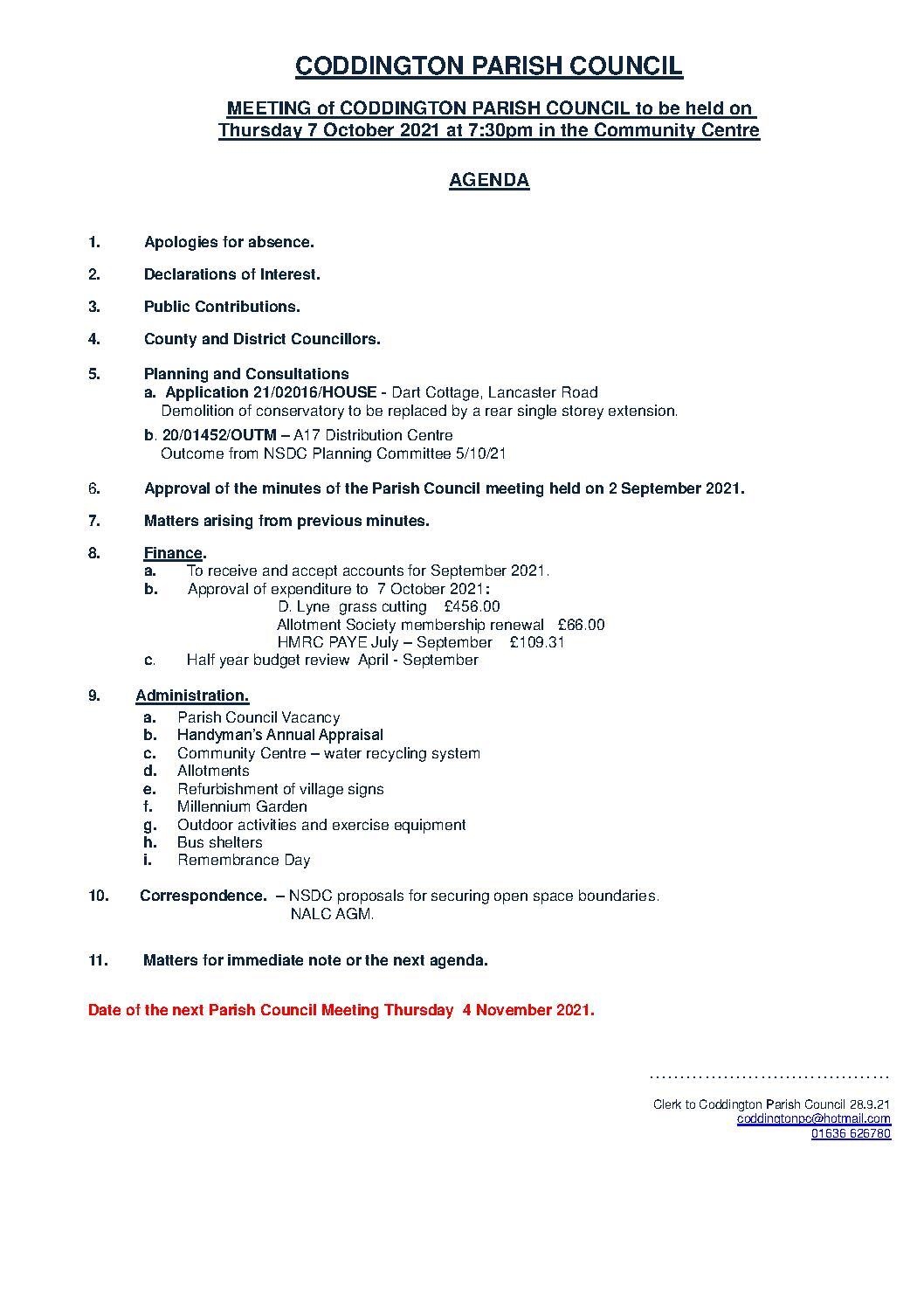 Parish Council Meeting 7 October 2021 Agenda