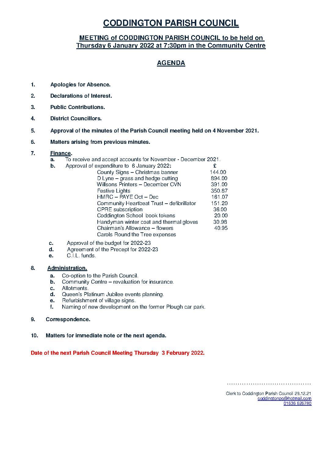 Parish Council Meeting 6 January 2022 Agenda