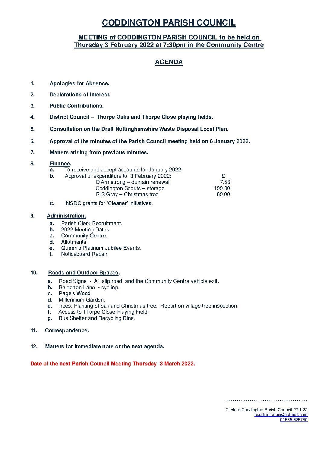 Parish Council Meeting 3 February 2022 Agenda