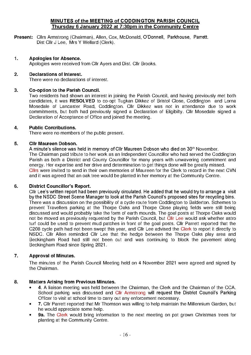 Parish Council Meeting 6 January 2022 Minutes