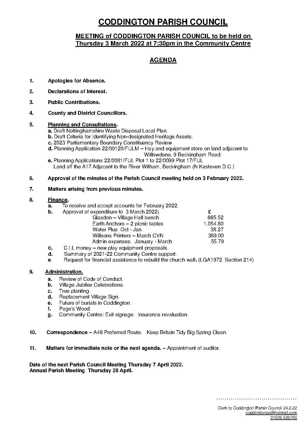 Parish Council Meeting 3 March 2022 Agenda