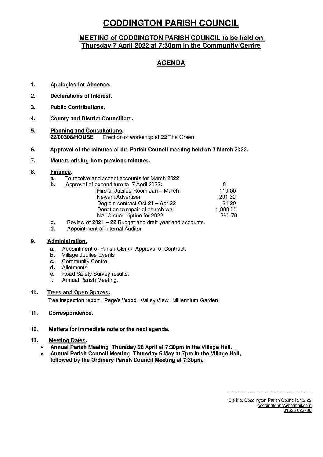 Parish Council Meeting 7 April 2022 Agenda