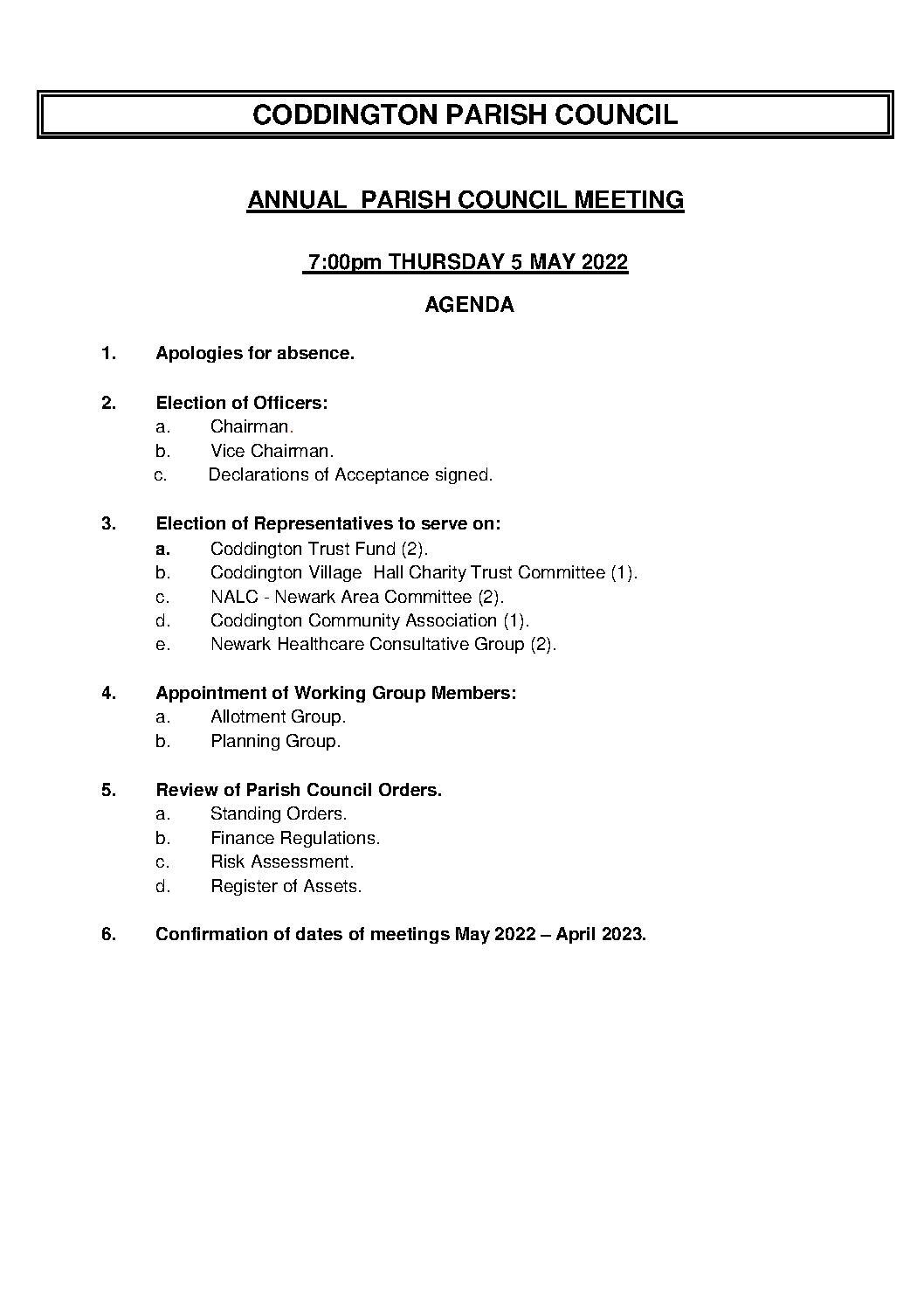 Annual Parish Council Meeting 5 May 2022 Agenda