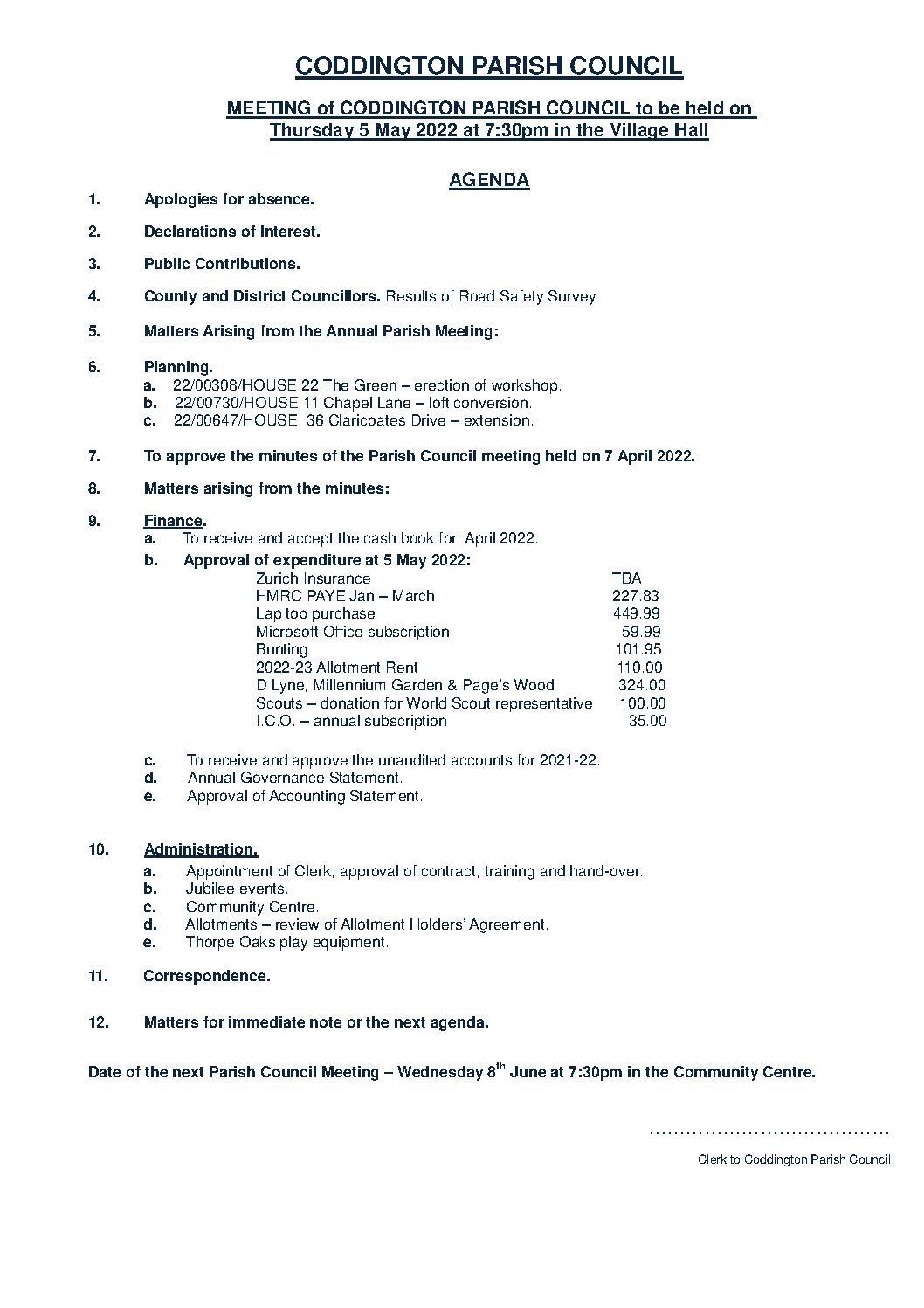 Parish Council Meeting 5 May 2022 Agenda