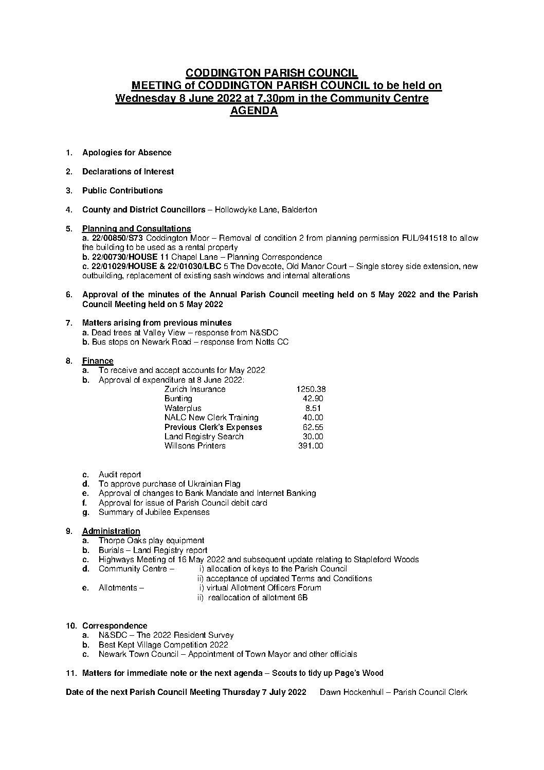 Parish Council Meeting 8 June 2022 Agenda