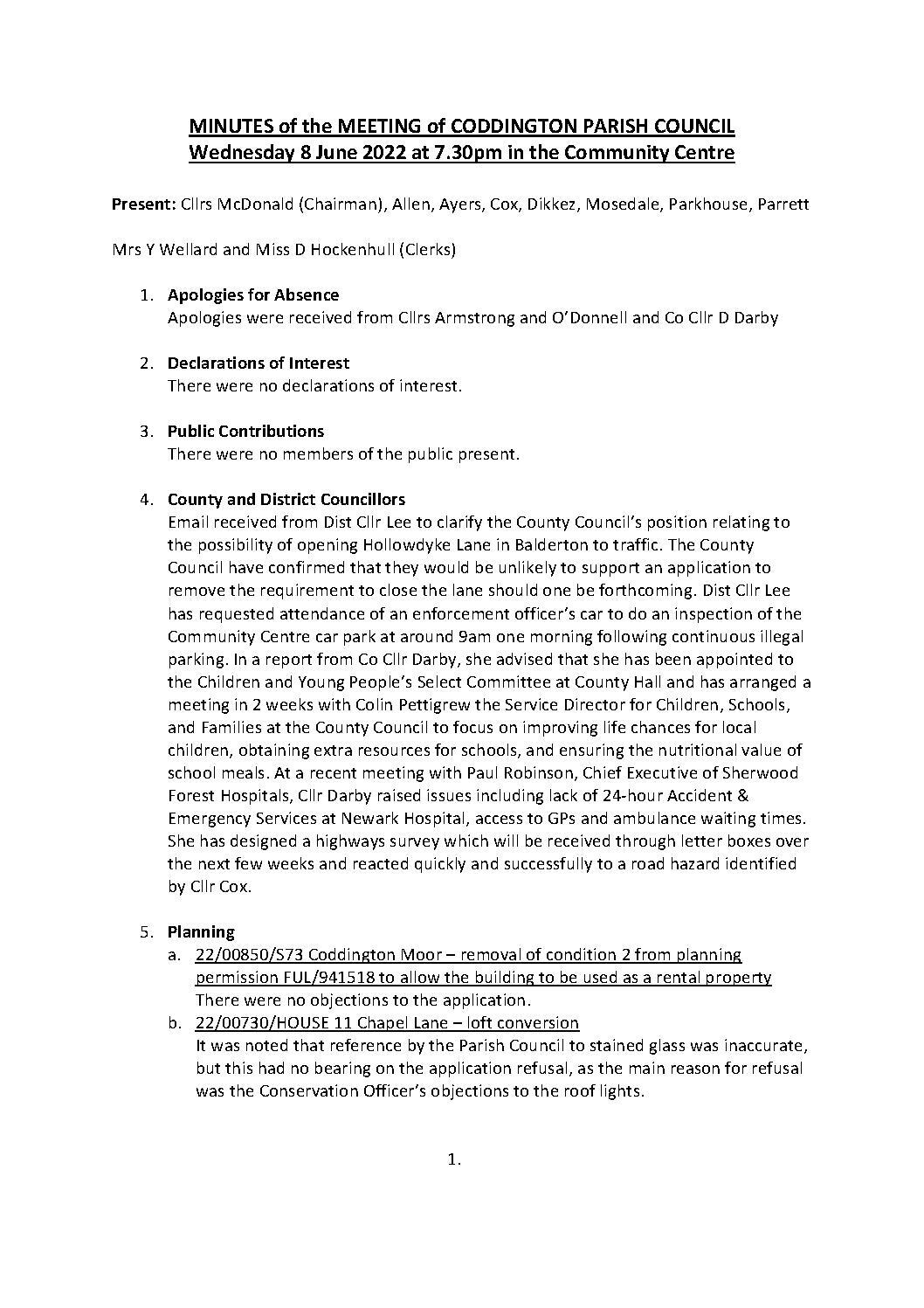 Parish Council Meeting 8 June 2022 Minutes