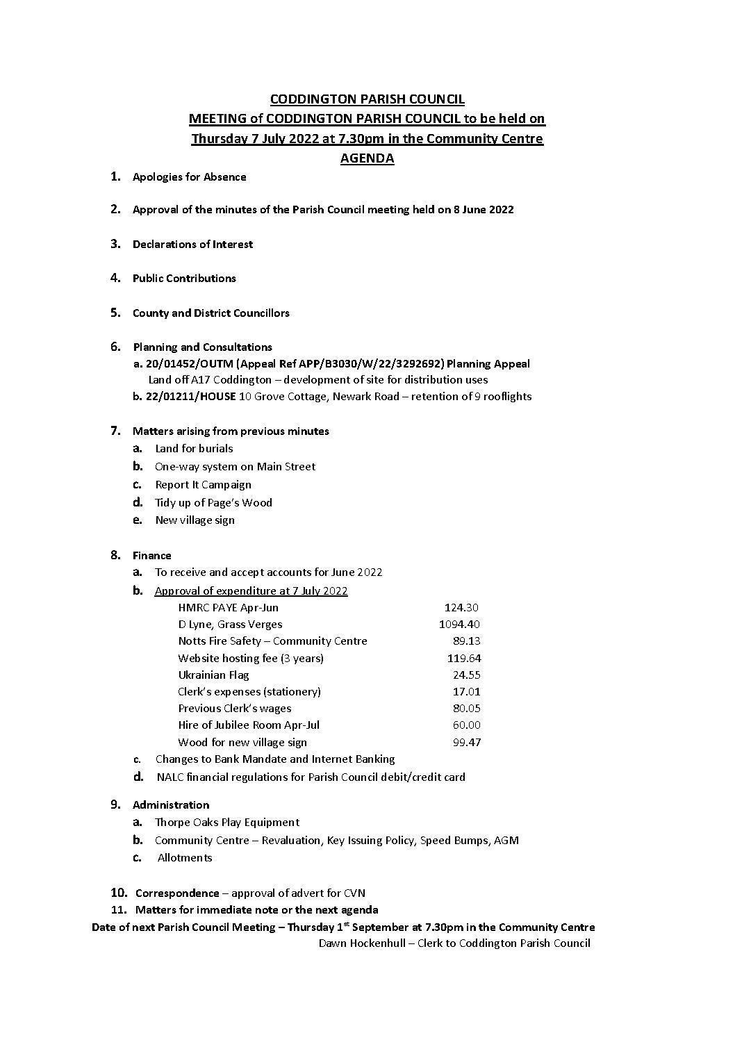 Parish Council Meeting 7 July 2022 Agenda