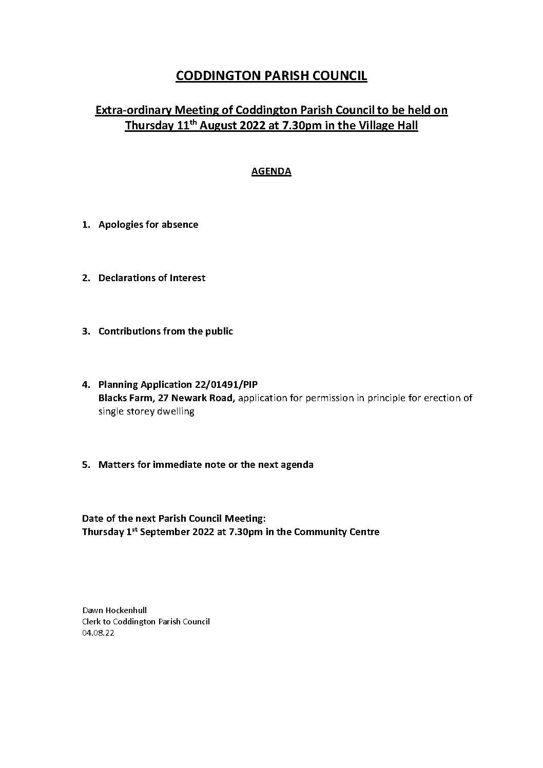 Extra-ordinary Parish Council Meeting 11 August 2022 Agenda