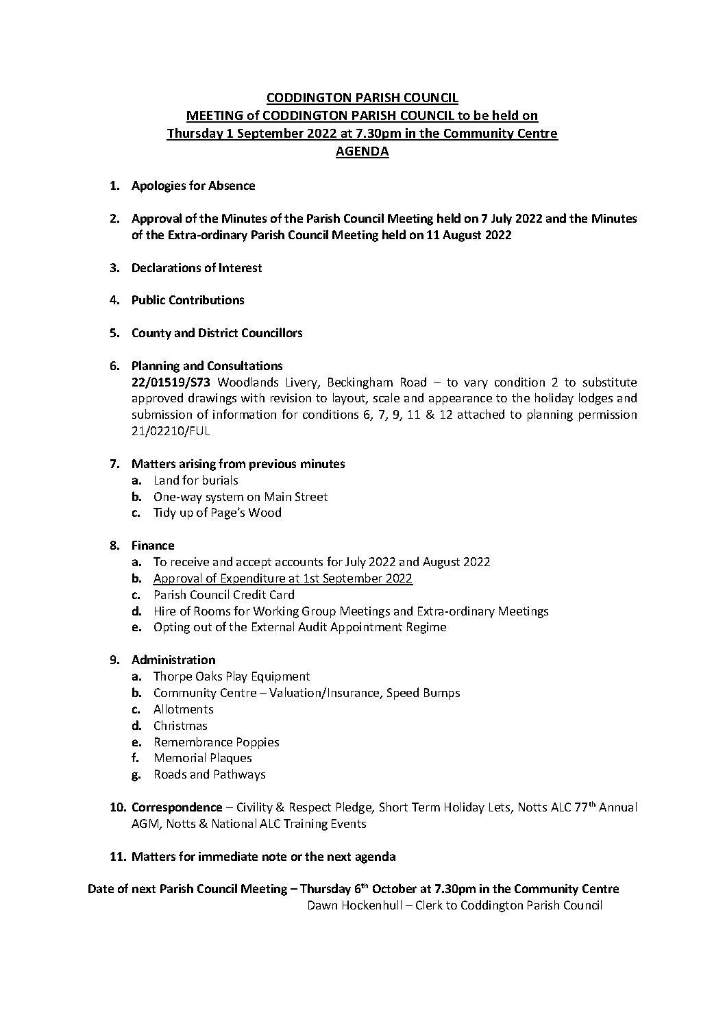 Parish Council Meeting 1 September 2022 Agenda