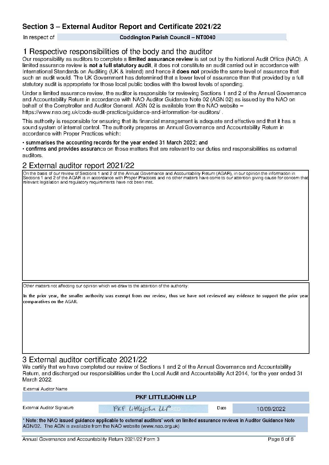 External Auditor Report & Certificate 2021/22