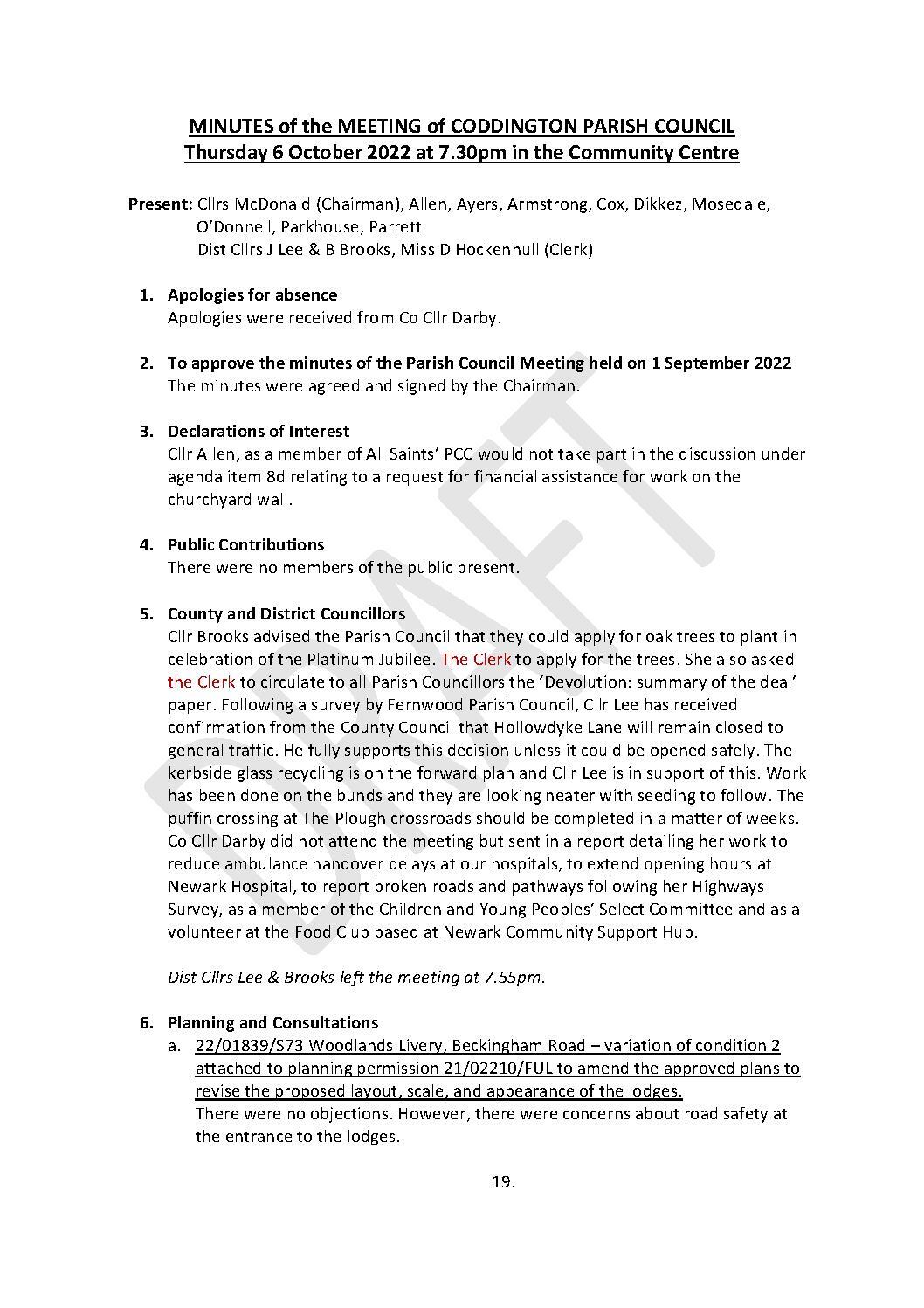 Parish Council Meeting 6 October 2022 Minutes