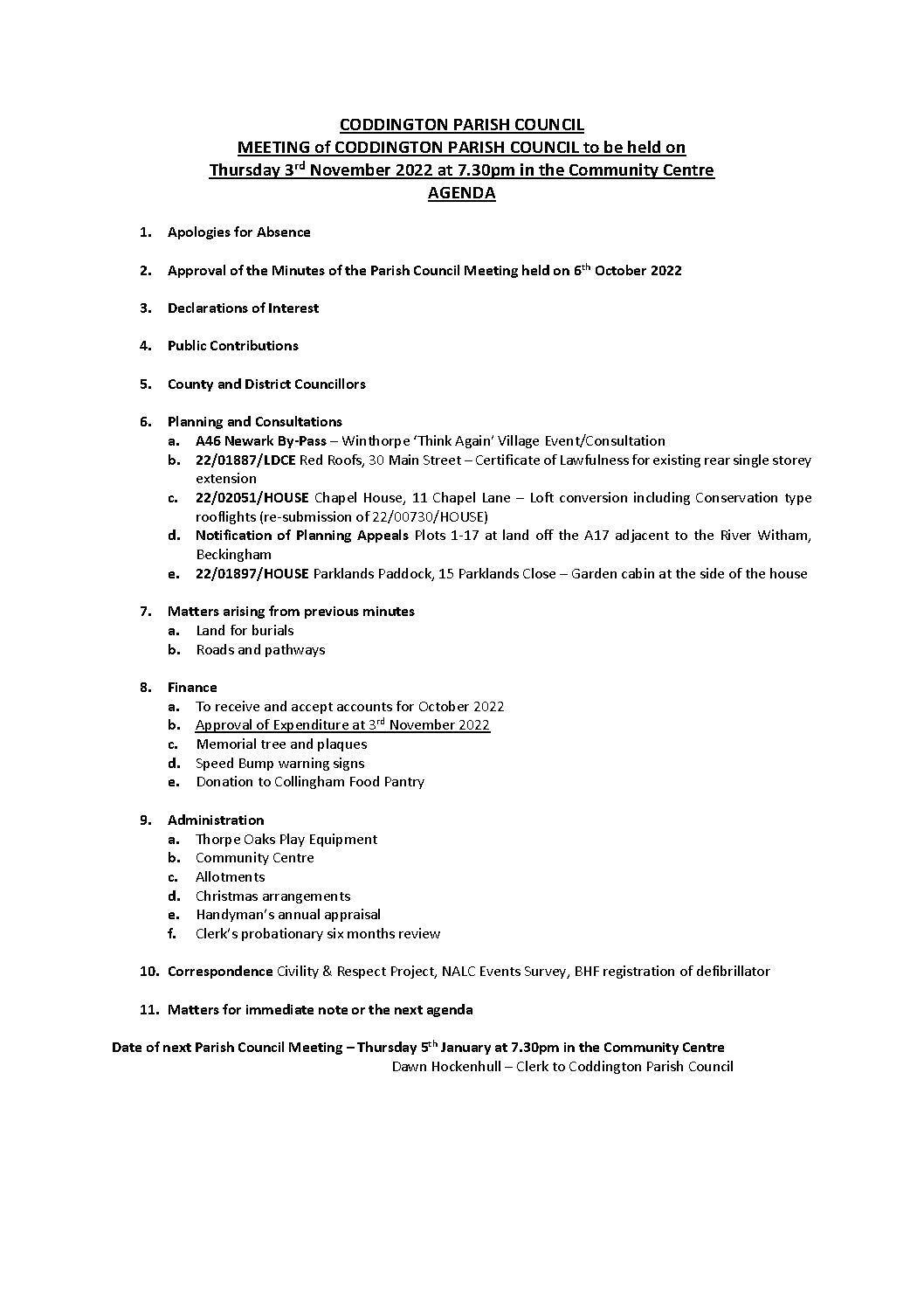 Parish Council Meeting 3 November 2022 Agenda